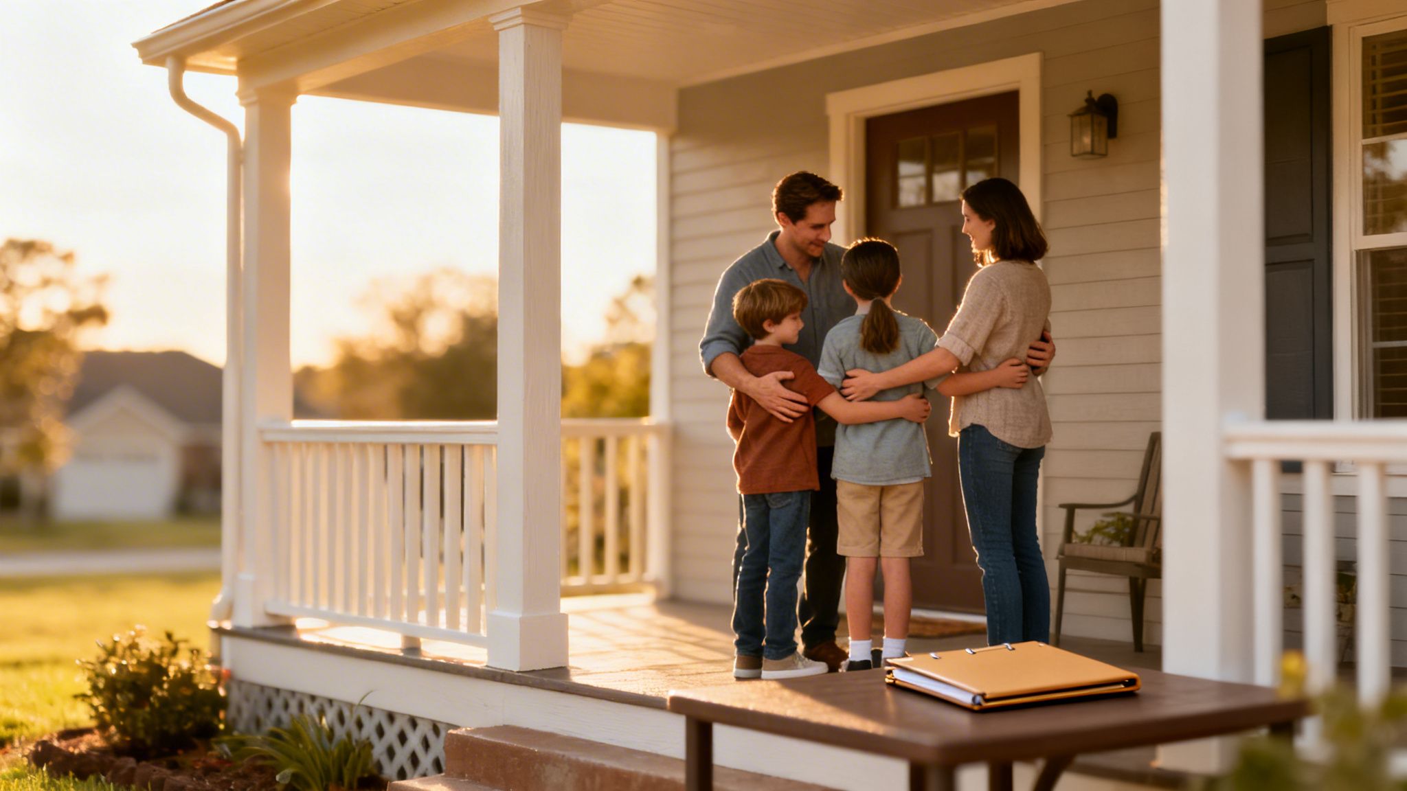 A smiling family with two children embracing on their house porch at golden hour.