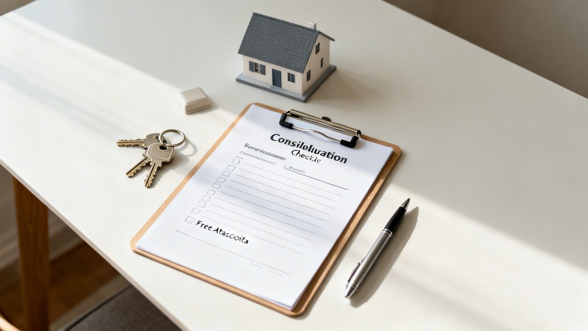 A miniature house, keys, and a 'Consolidation Checklist' on a clipboard with a pen, suggesting real estate planning.