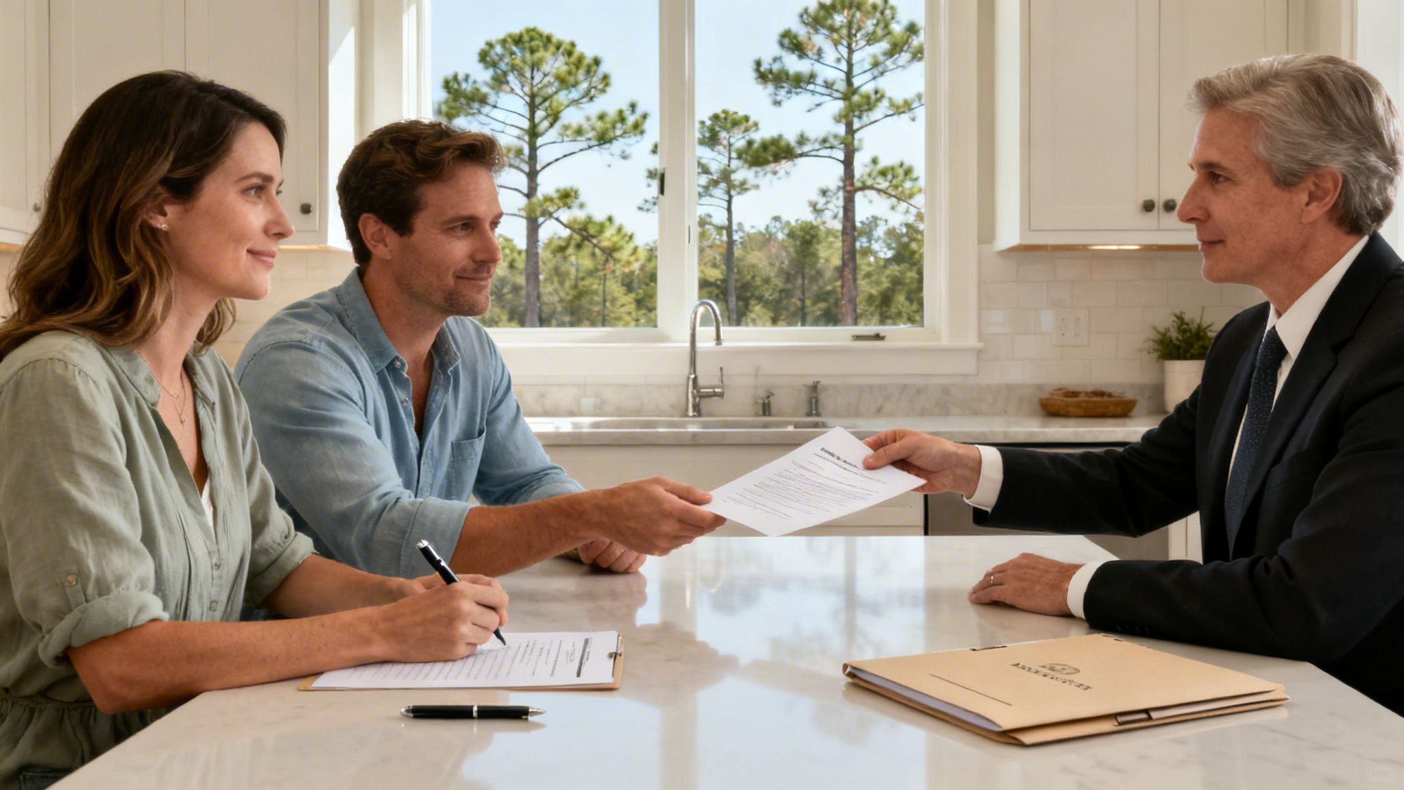 A couple reviews documents with an attorney in a bright, modern kitchen.