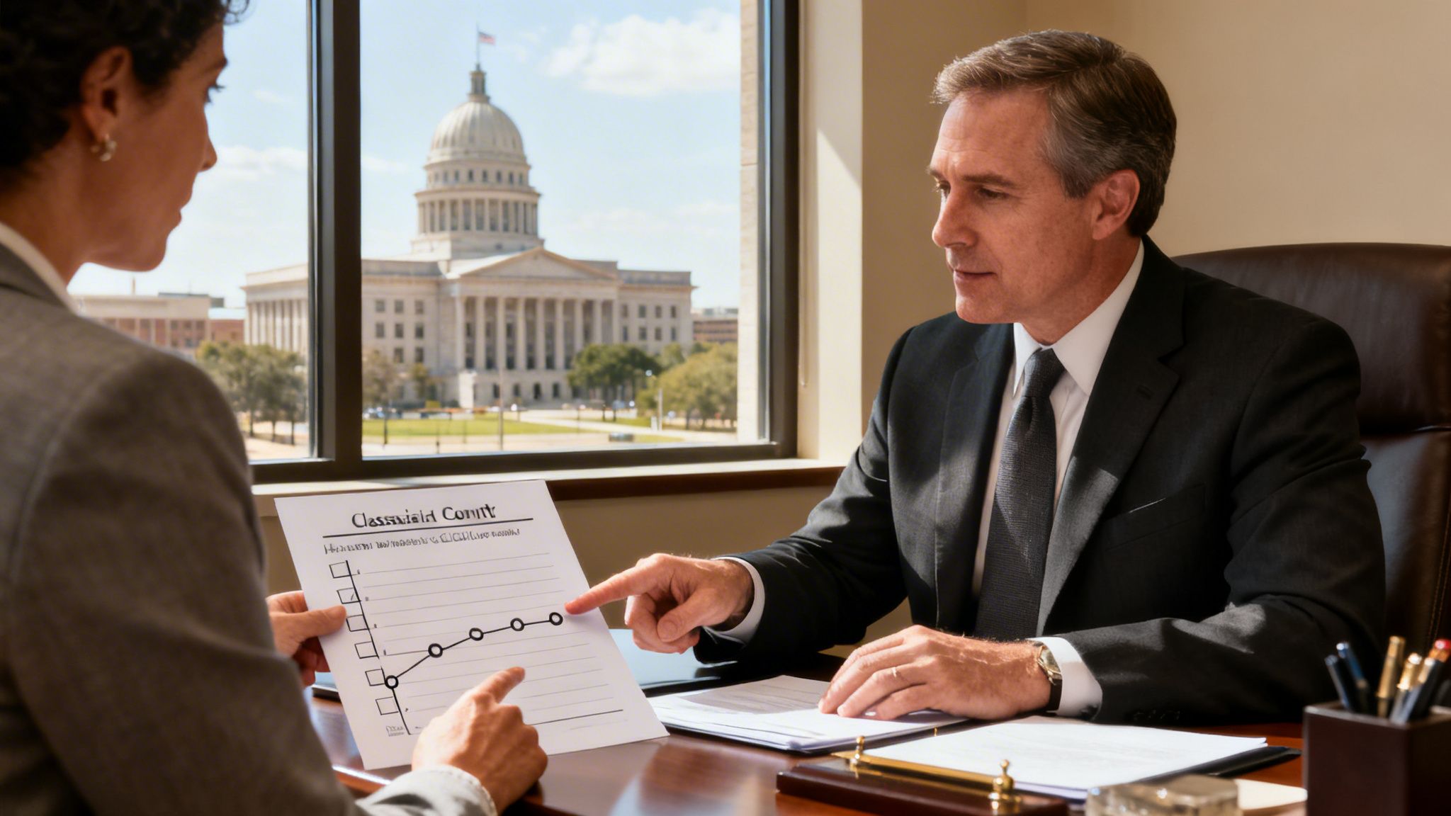 Two professionally dressed men in an office, one pointing at a document with a capitol building view.