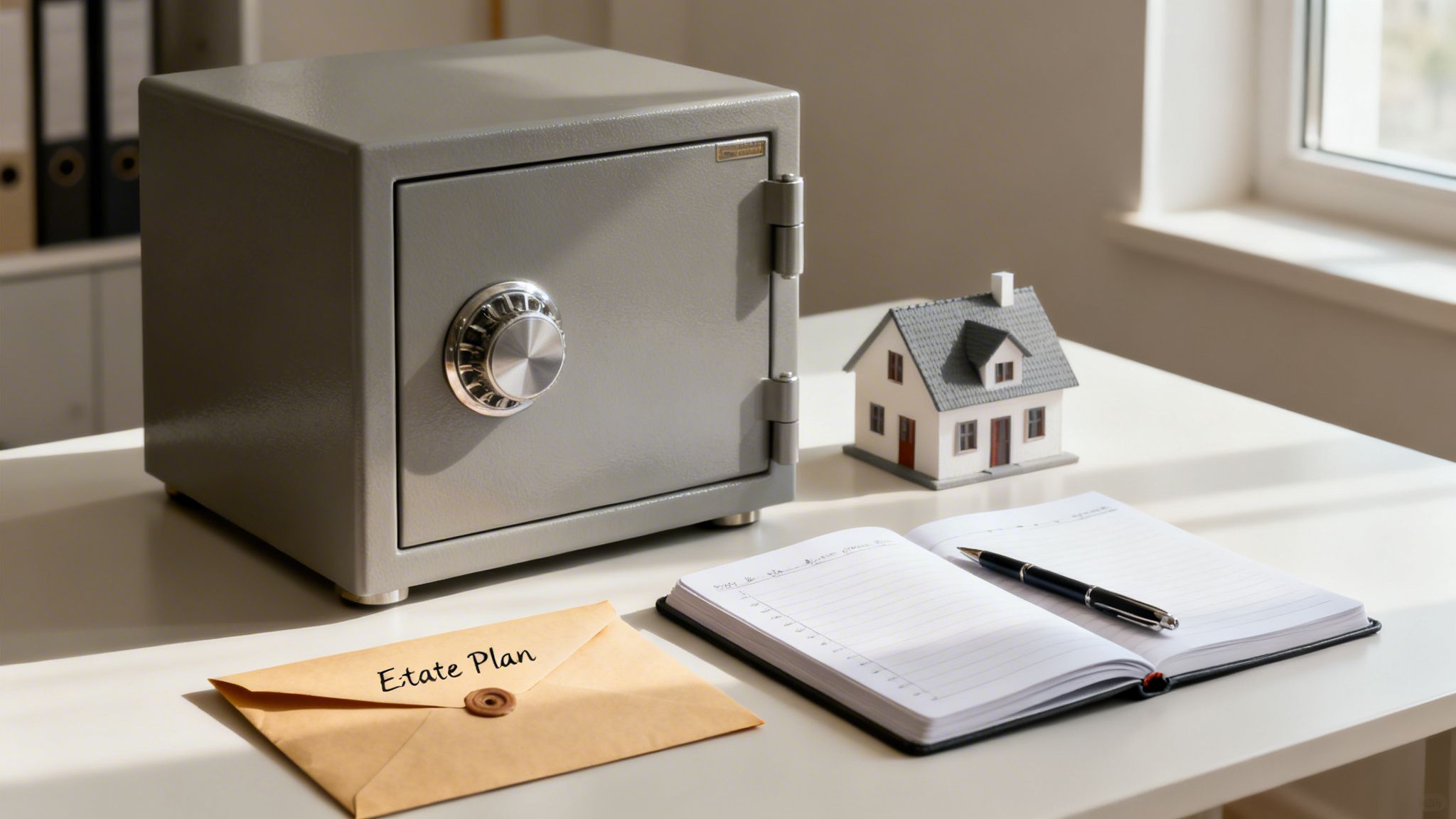 A safe, miniature house, 'Estate Plan' envelope, and notebook on a white desk, symbolizing financial planning.