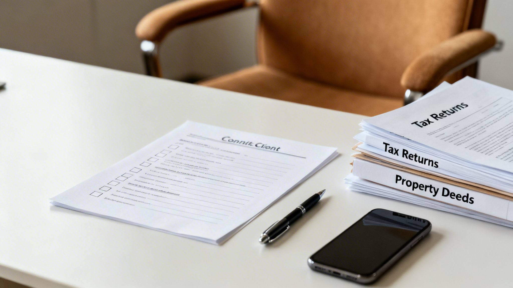 Desk with client documents, tax returns, property deeds, pen, and smartphone in an office.