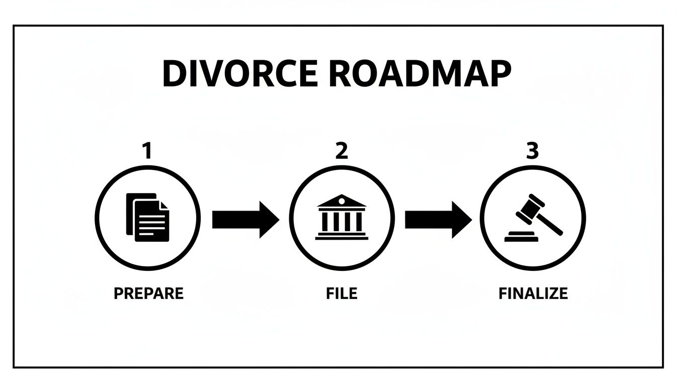 A divorce roadmap illustrating three key steps: prepare documents, file with the court, and finalize the process.
