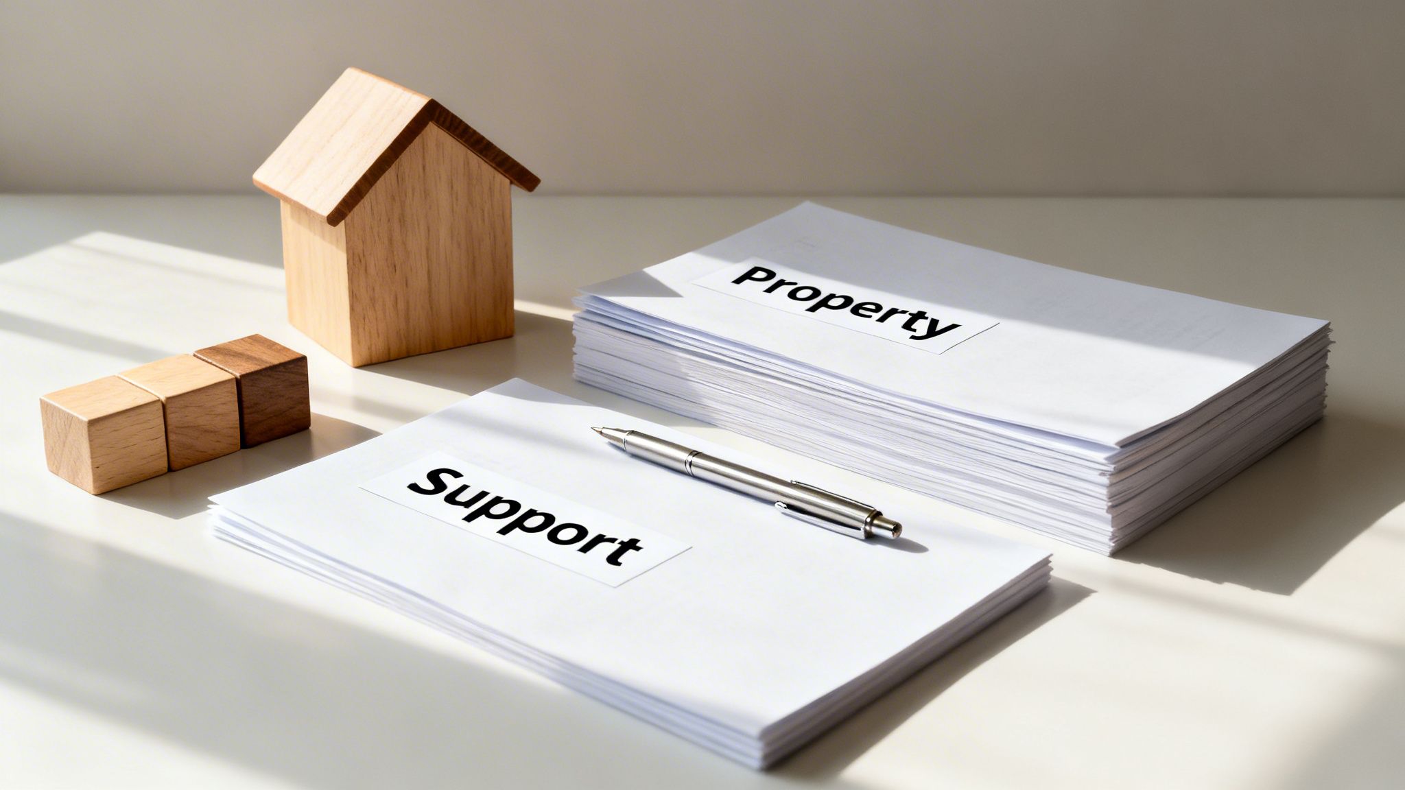 A wooden house, blocks, and stacks of papers labeled 'Support' and 'Property' with a pen, symbolizing legal or financial division.