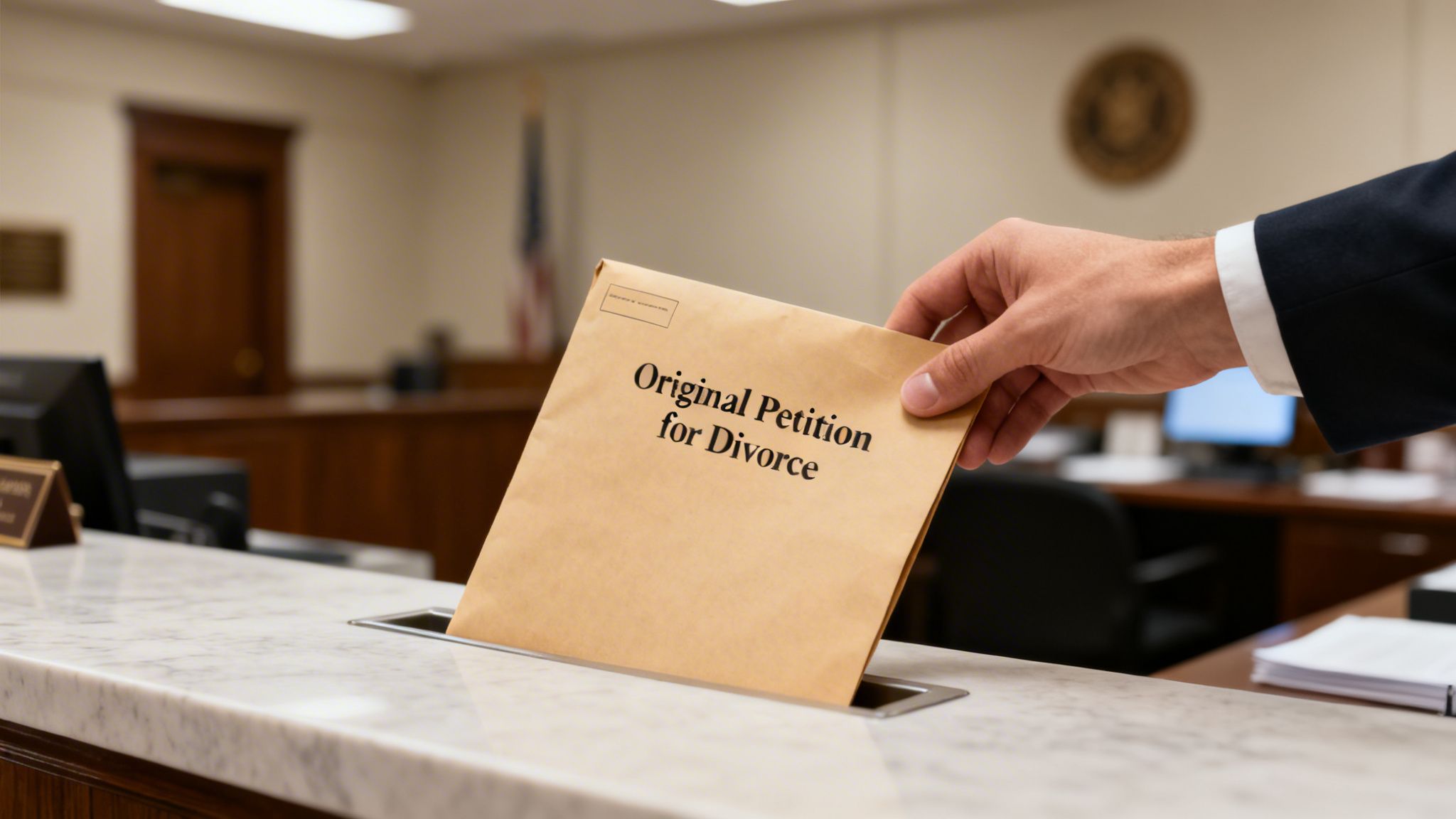 A person's hand submits an 'Original Petition for Divorce' at a court's filing desk.