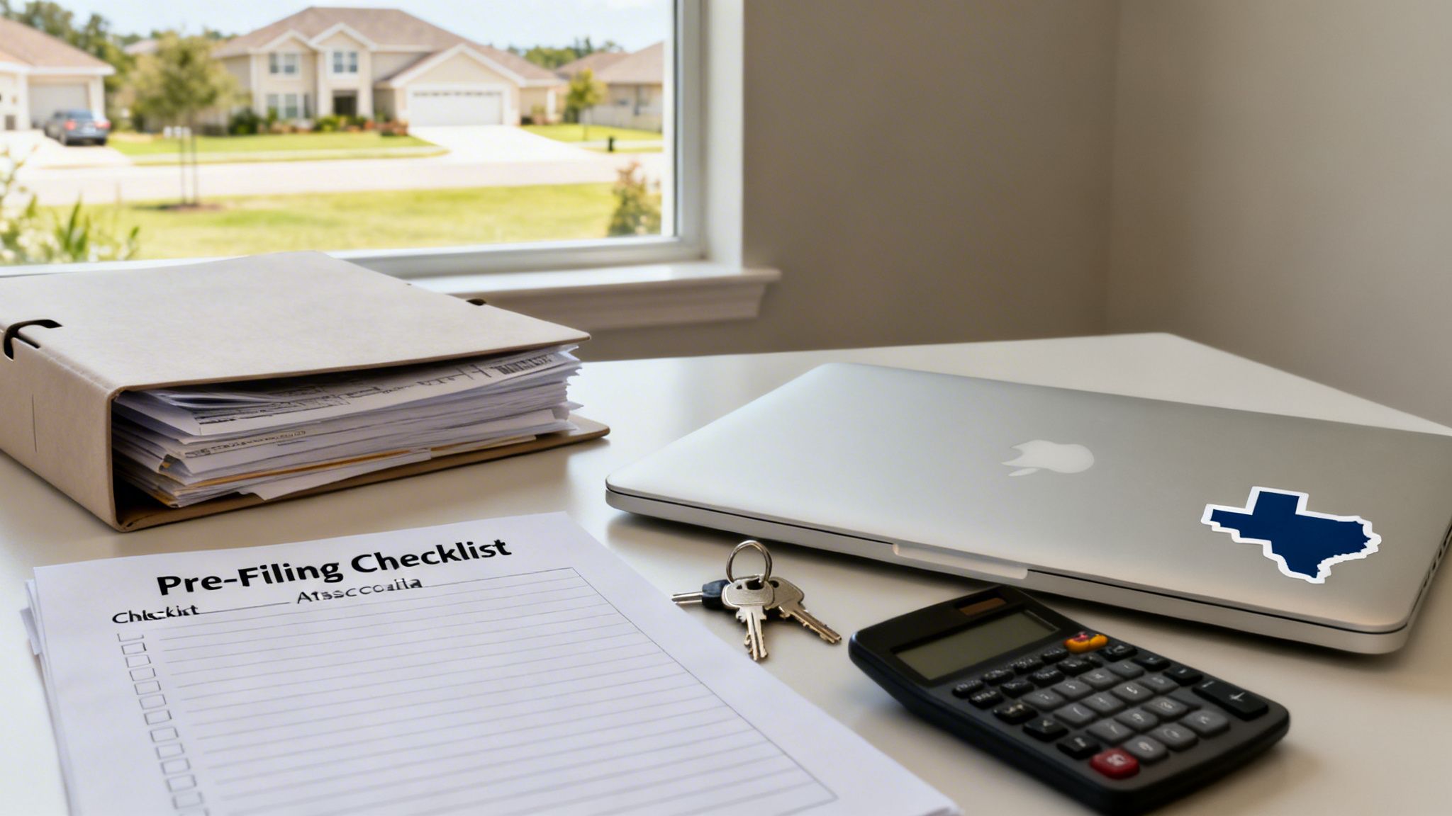 A desk with a 'Pre-Filing Checklist' for divorce, documents, laptop, calculator, and keys.