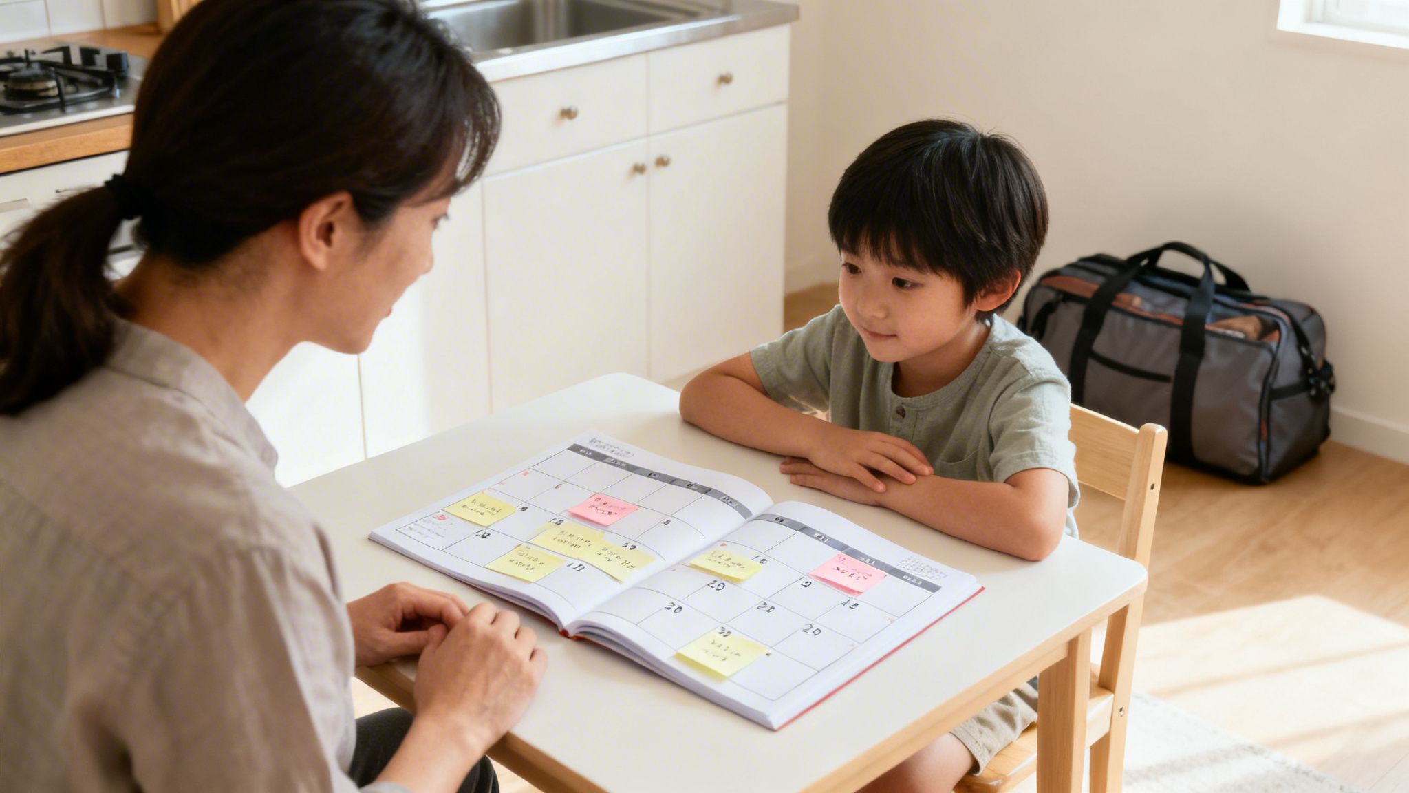 A mother and child in a modern kitchen discuss their schedule using a planner with colorful sticky notes.