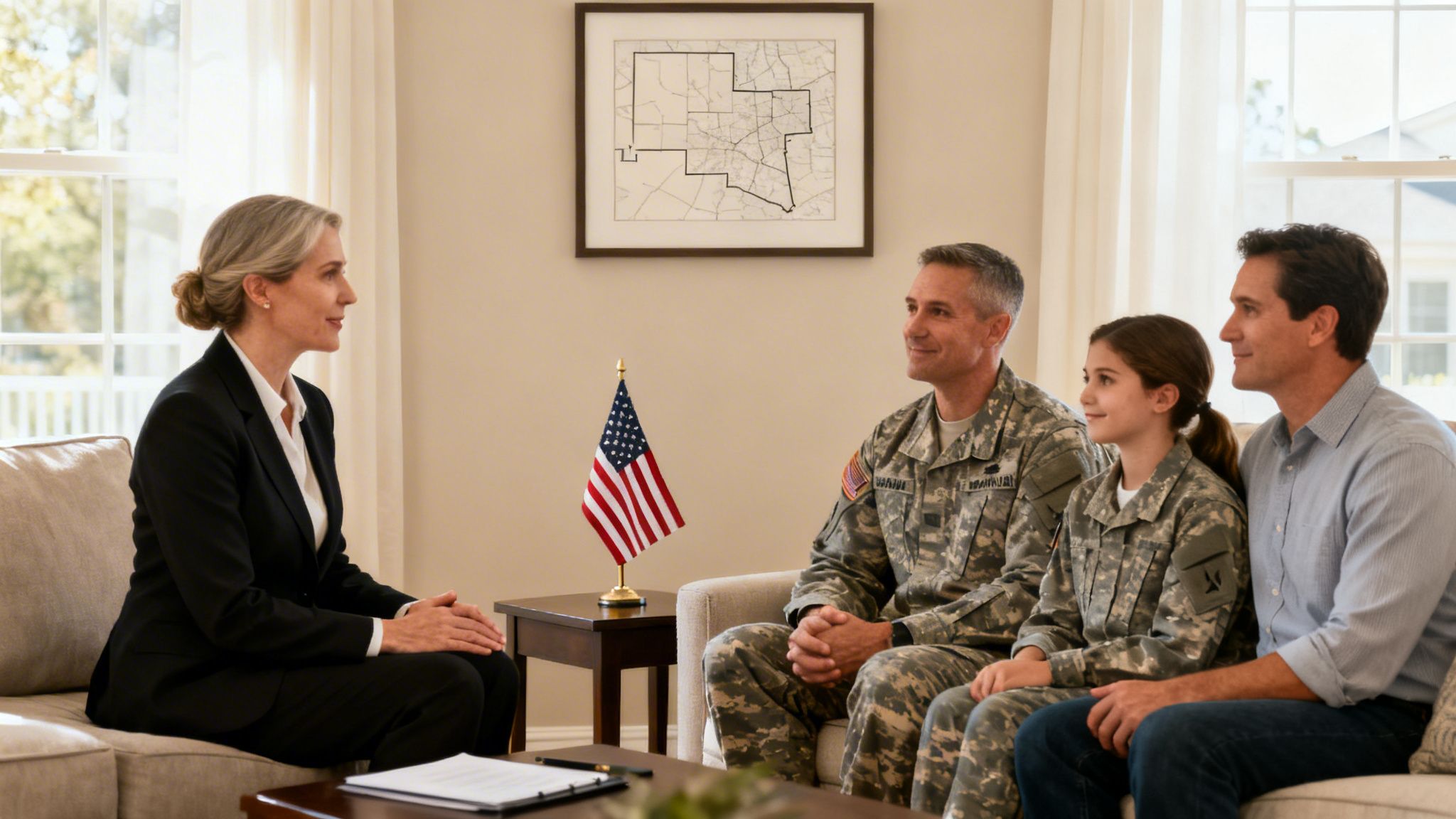 A female lawyer consults with a military family in a comfortable home living room.
