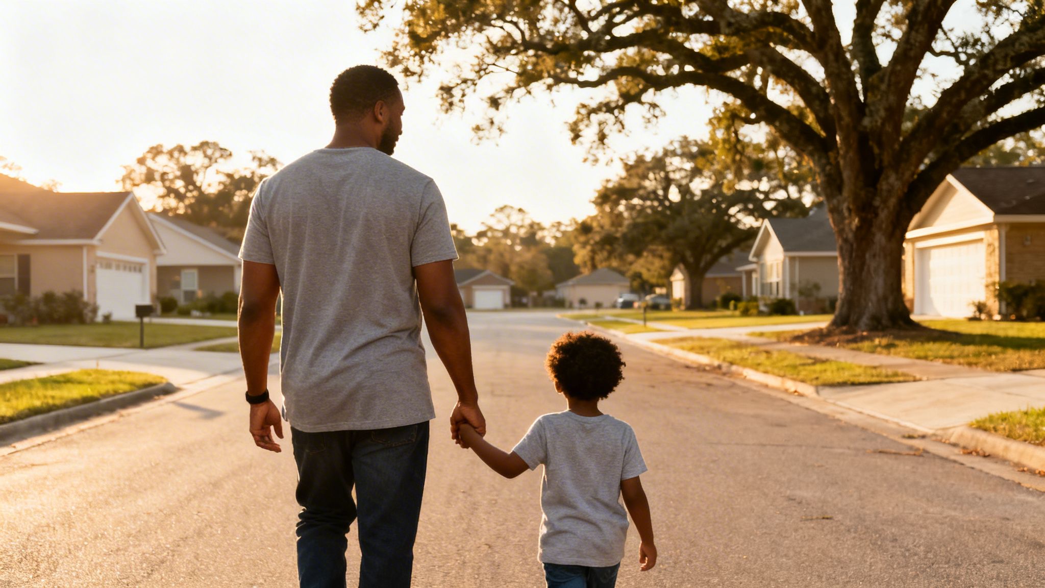A father and young child hold hands, walking down a suburban street at sunset.