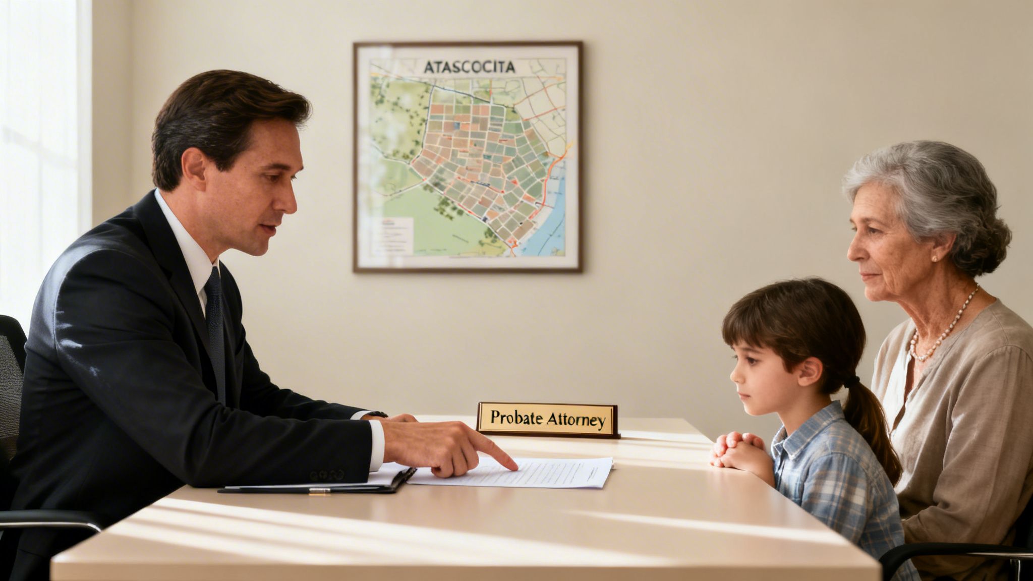 A probate attorney explains documents to an elderly woman and a young boy in an office.