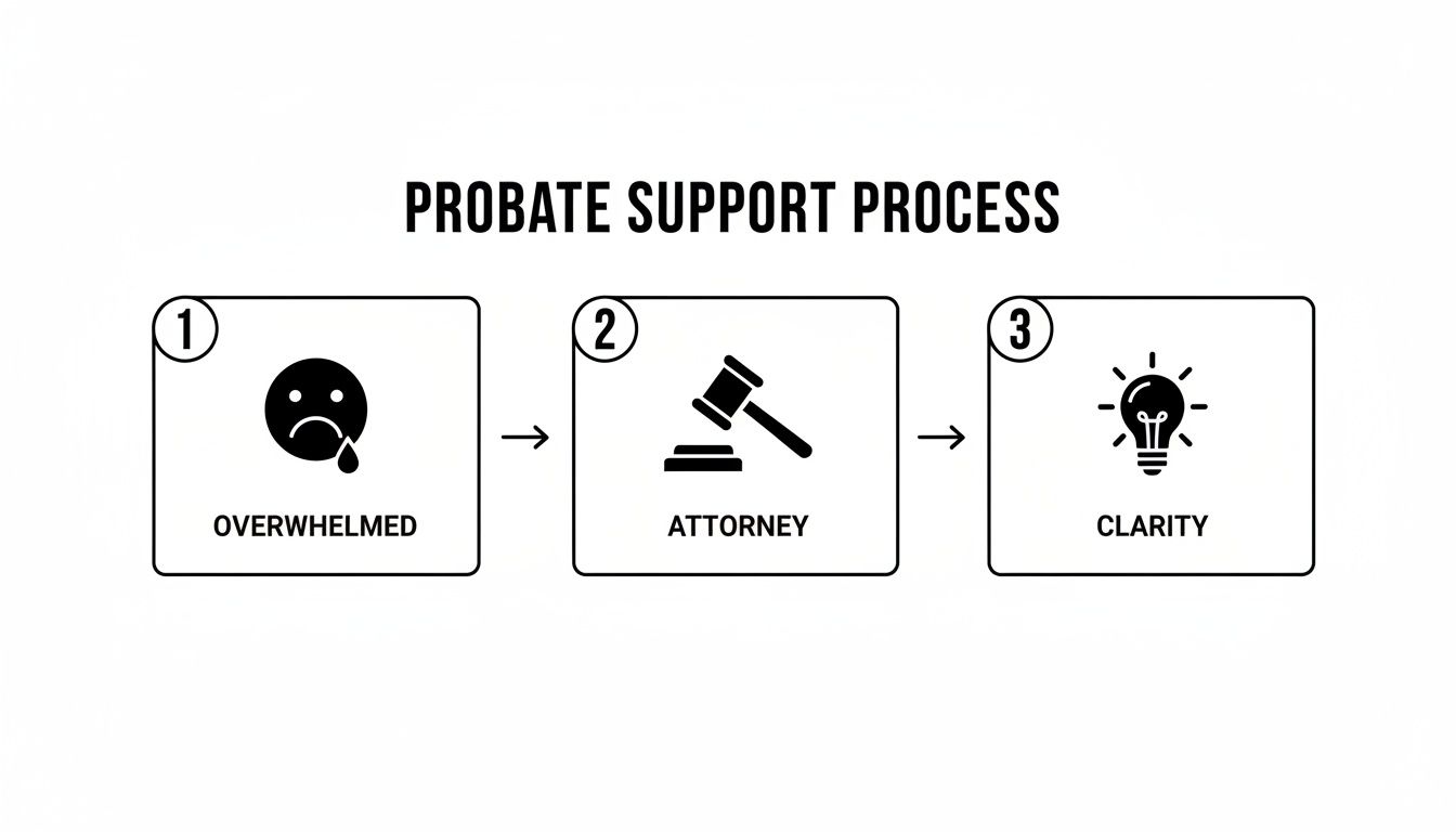 Flowchart illustrating the probate support process, moving from being overwhelmed to finding clarity with an attorney.