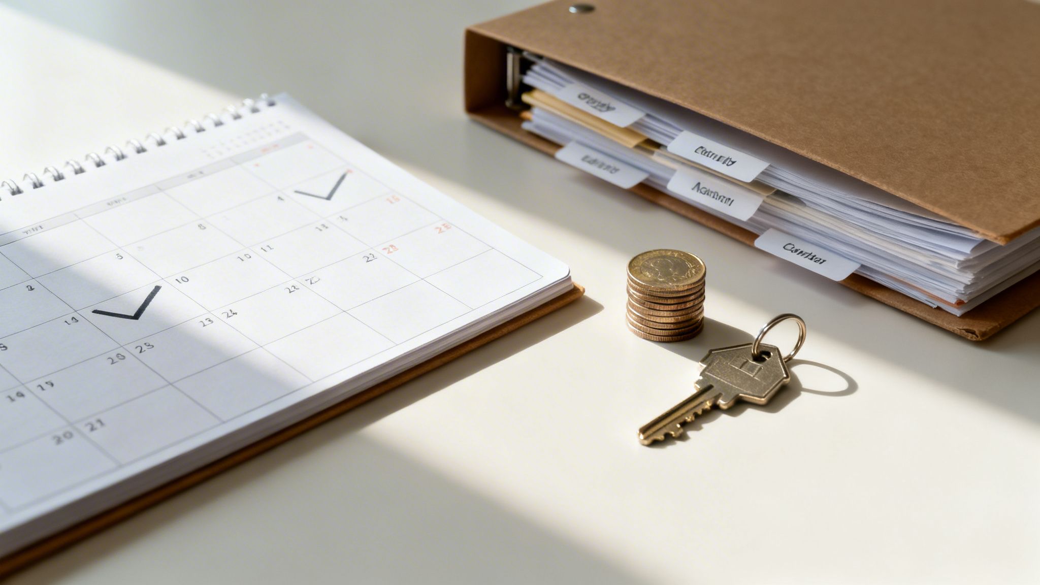 A calendar marked with dates, a stack of coins, a house key, and a legal binder on a white desk, symbolizing financial and property planning.