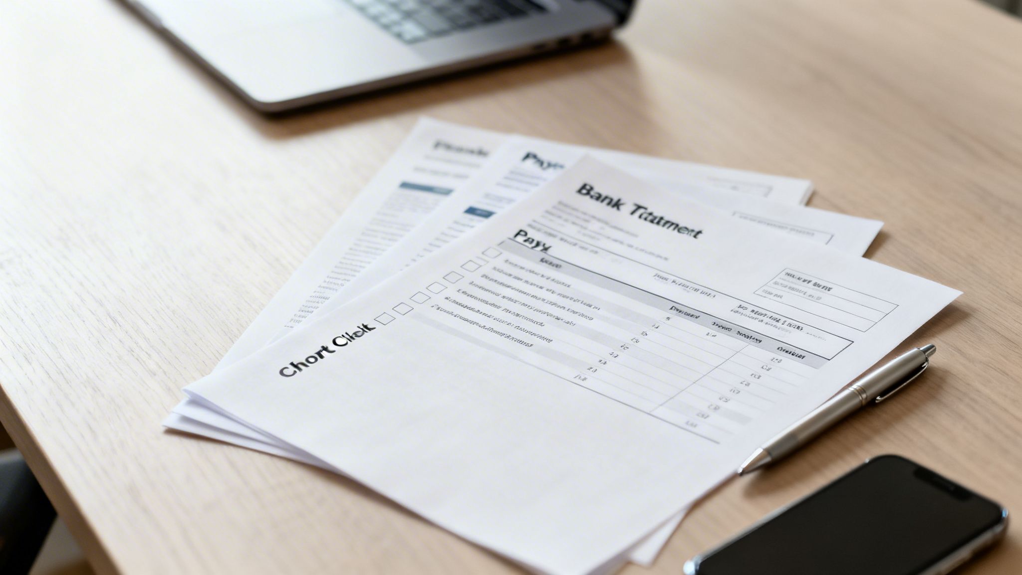 Financial documents like bank statements and pay slips on a wooden desk with a laptop, pen, and phone.