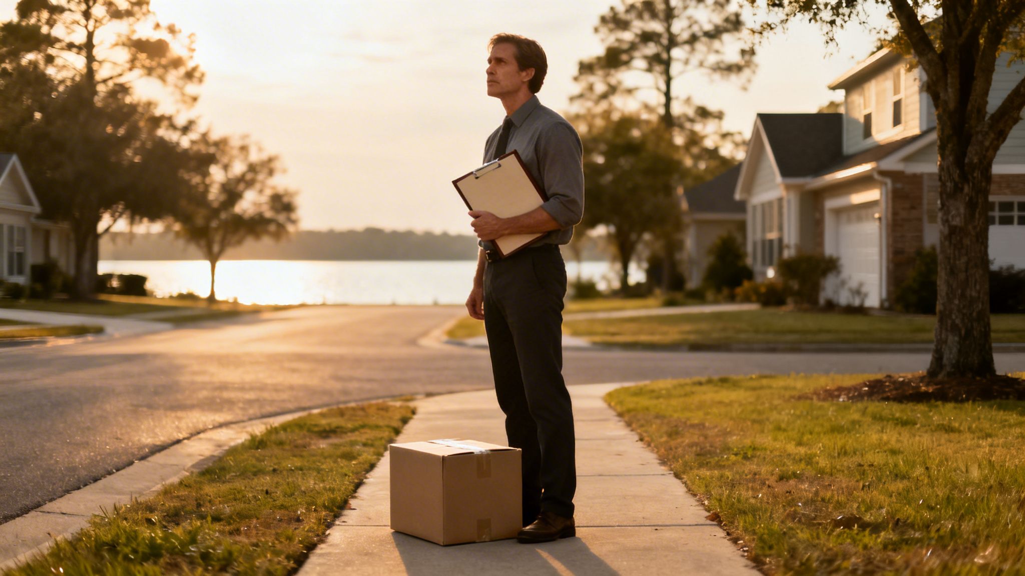 A man in a shirt and tie holds a clipboard next to a package on a sidewalk by a lake at sunset.