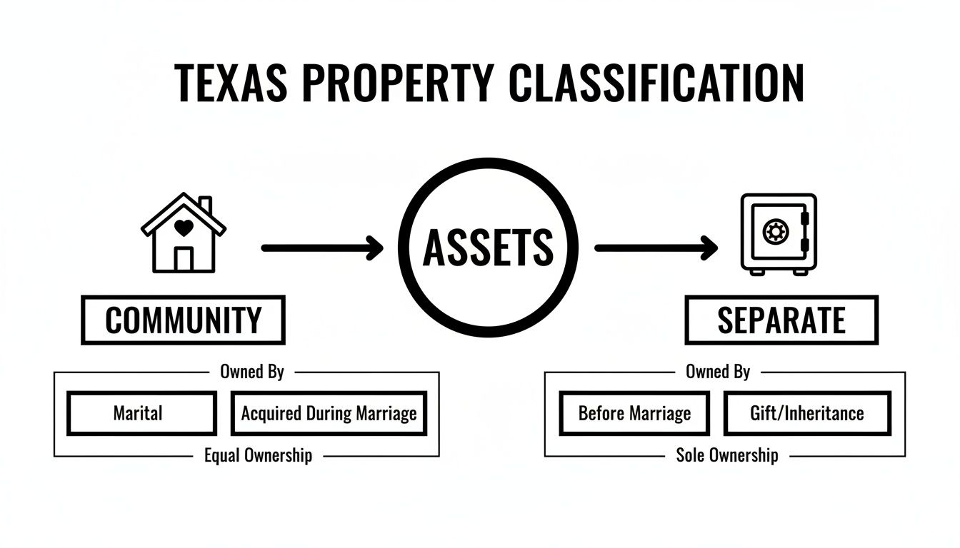 Diagram illustrating Texas property classification, showing community and separate assets and ownership rules.
