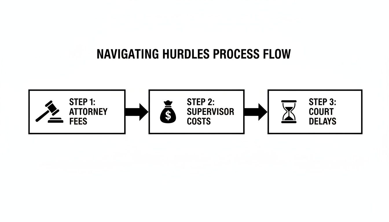 A process flow diagram illustrating legal hurdles: attorney fees, supervisor costs, and court delays.