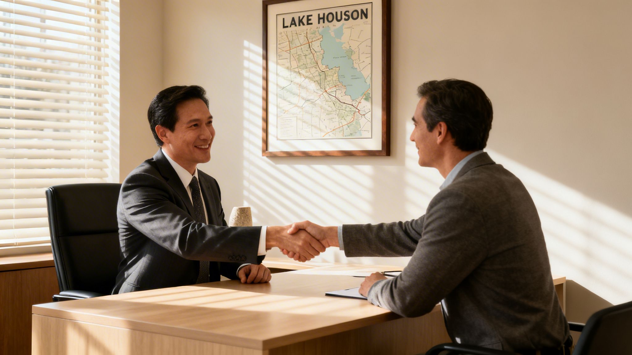 Two businessmen shaking hands across a desk in a sunlit office, signifying a successful agreement.