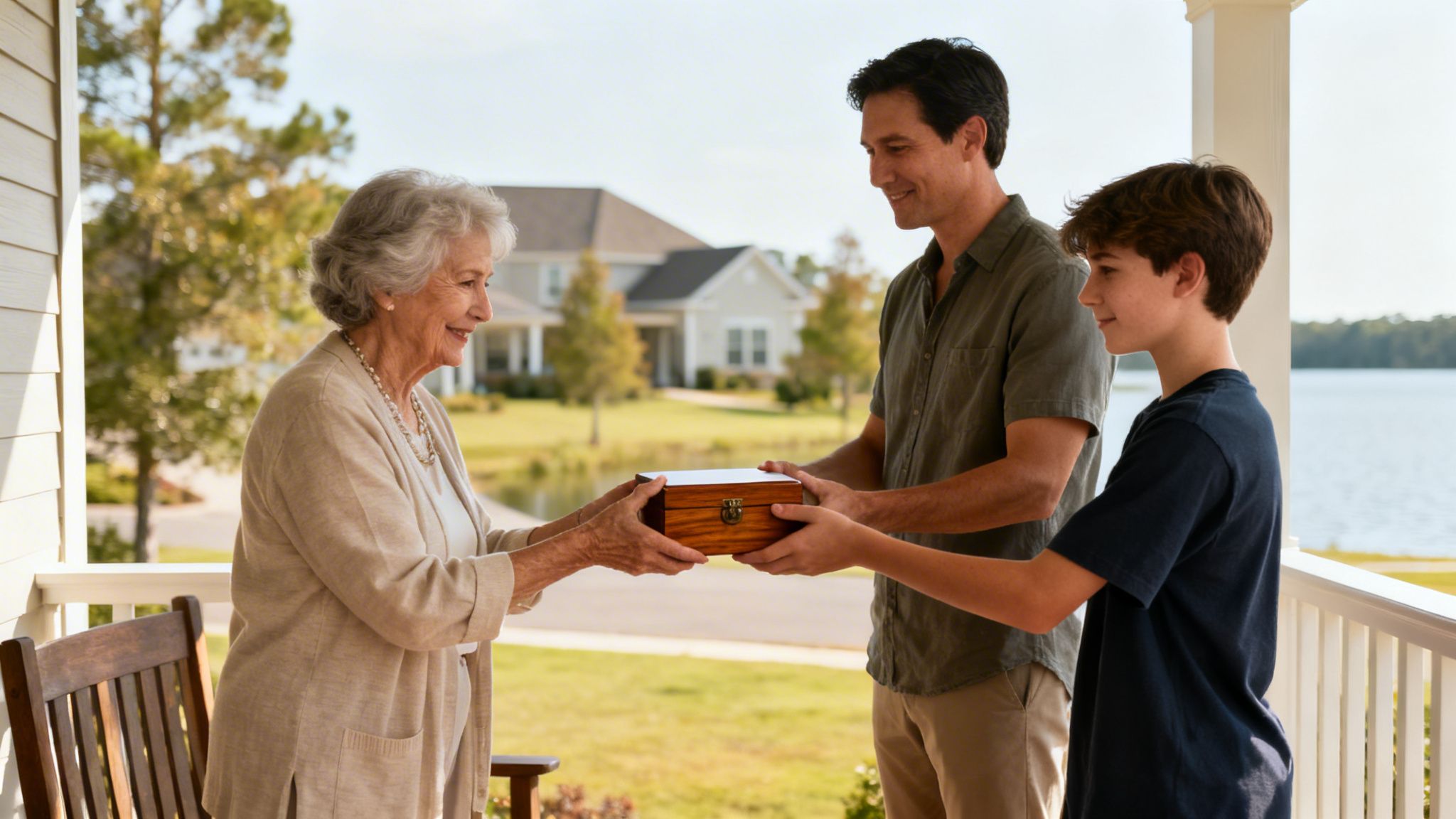 A family generationally passing down a wooden keepsake box on a sunny porch.