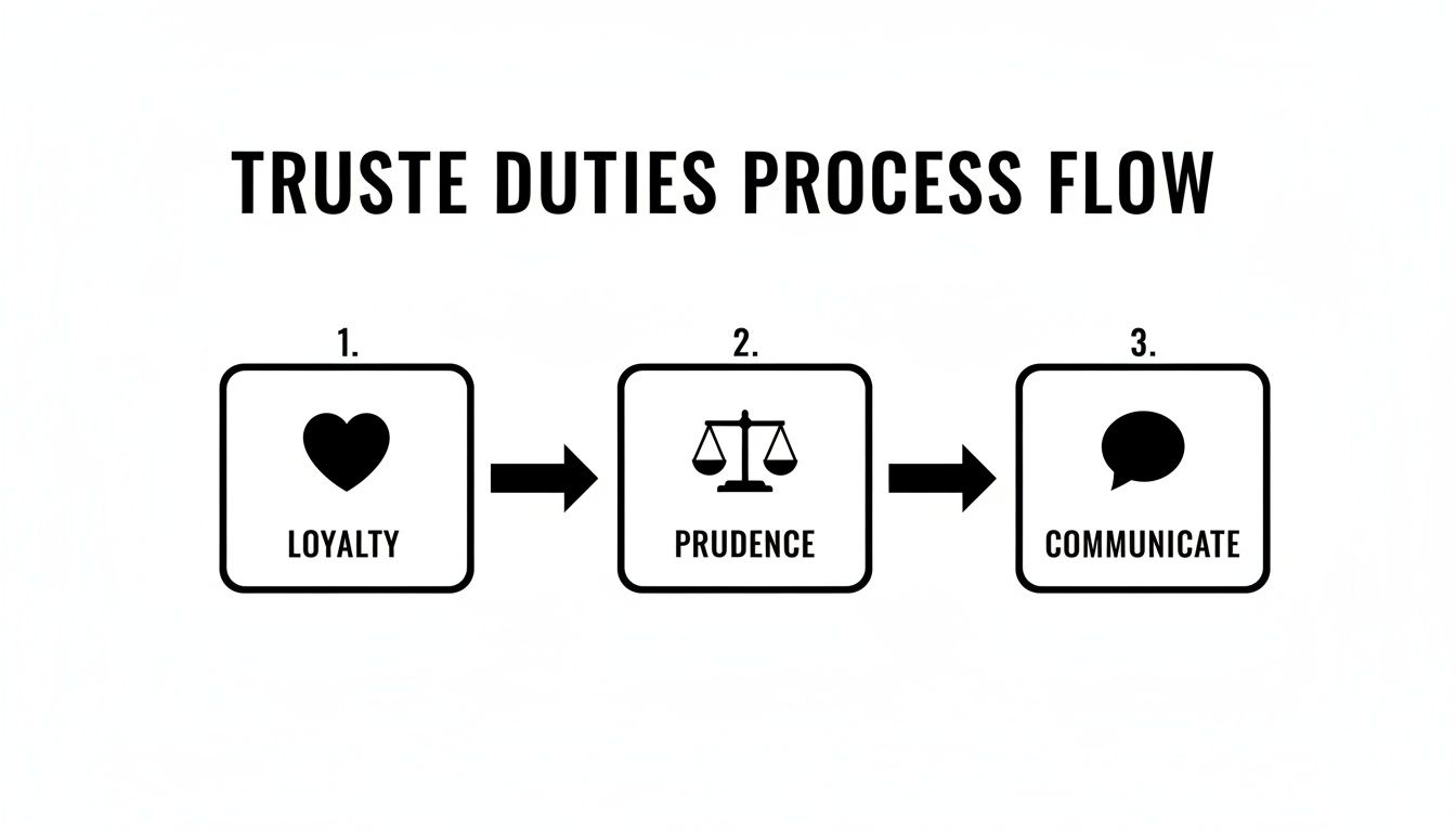 A three-step process flow illustrating trustee duties: Loyalty, Prudence, and Communicate, each with an icon.
