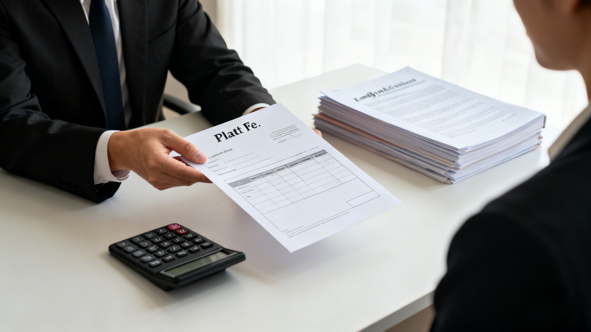 A lawyer in a suit hands a document titled "Platt Fe." to a client during a legal meeting.