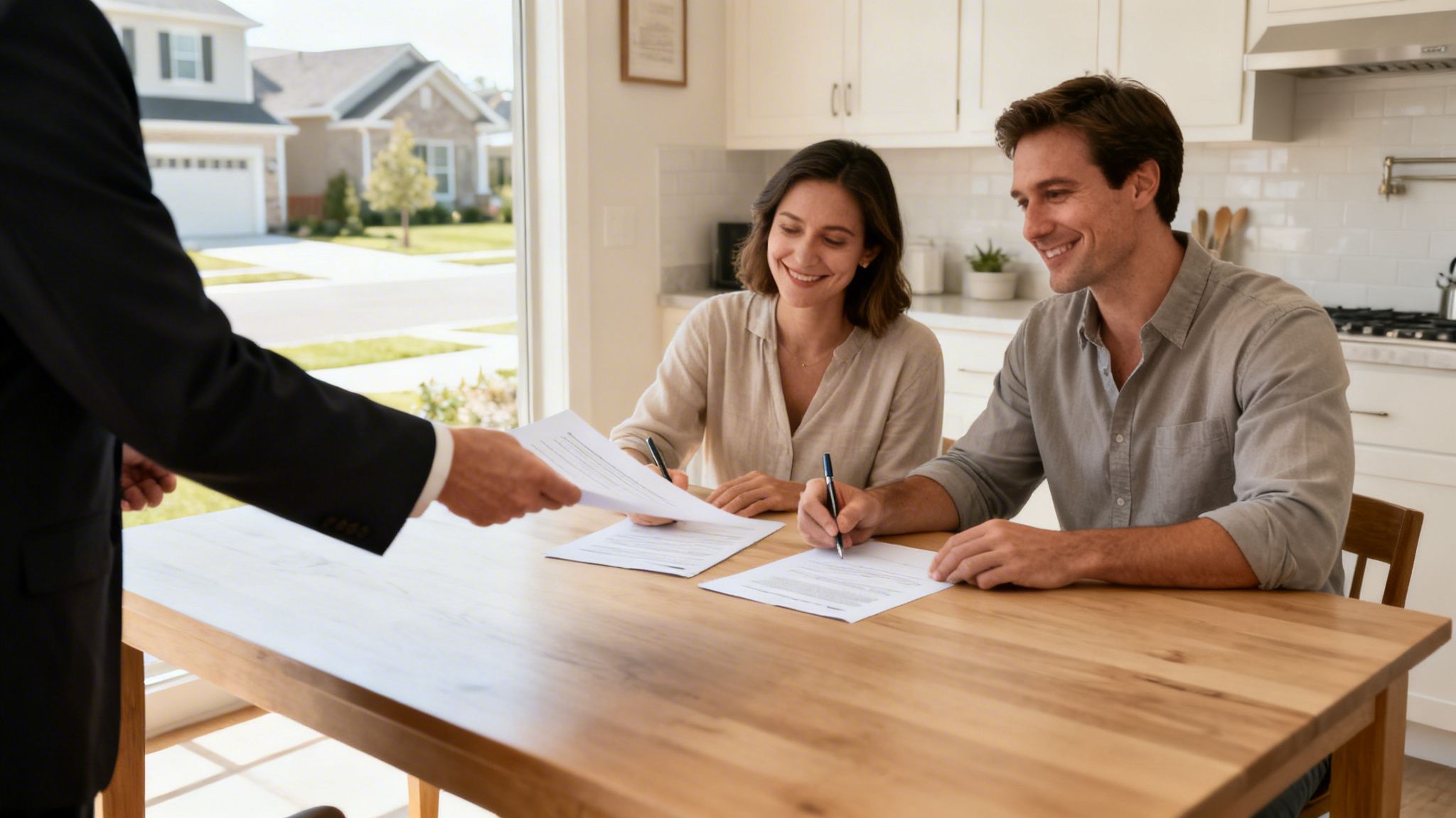 Happy couple signing legal documents with an agent in their home.