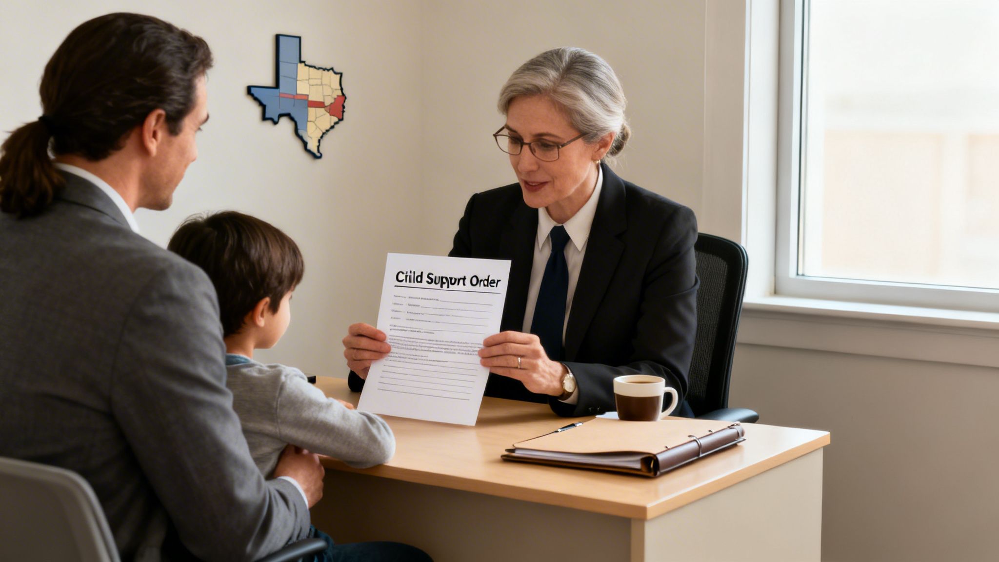 An attorney consults with a father and his child about a "Child Support Order" document in an office setting.
