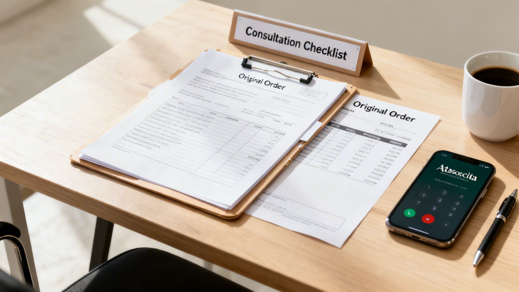 Office desk with consultation checklist, legal documents, coffee mug, and a smartphone.