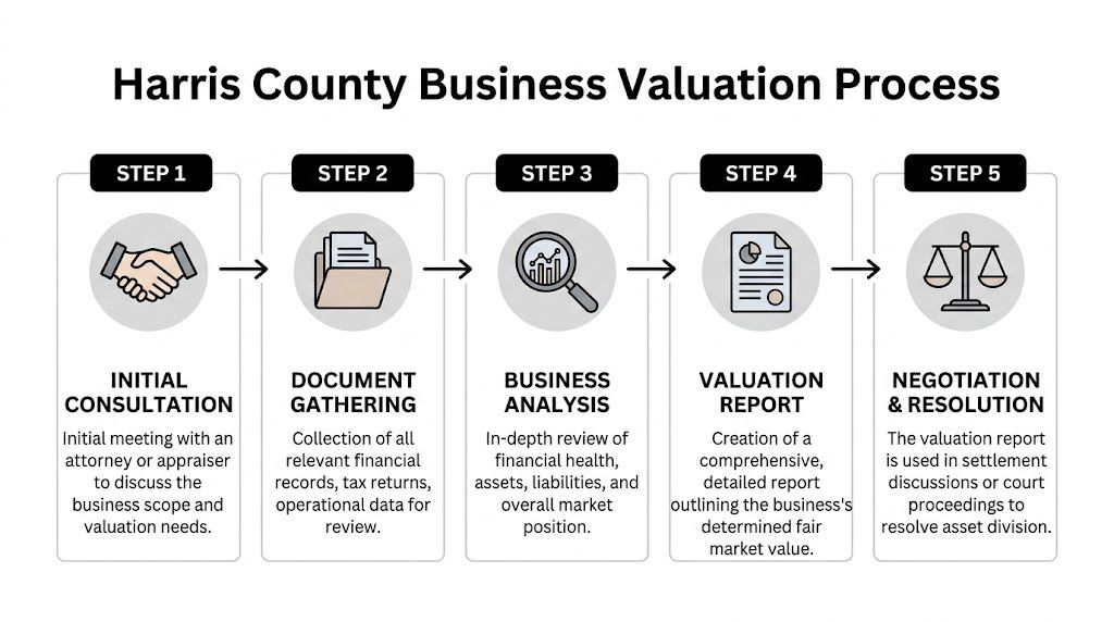 A five-step infographic showing the Harris County business valuation process from initial consultation to final resolution.