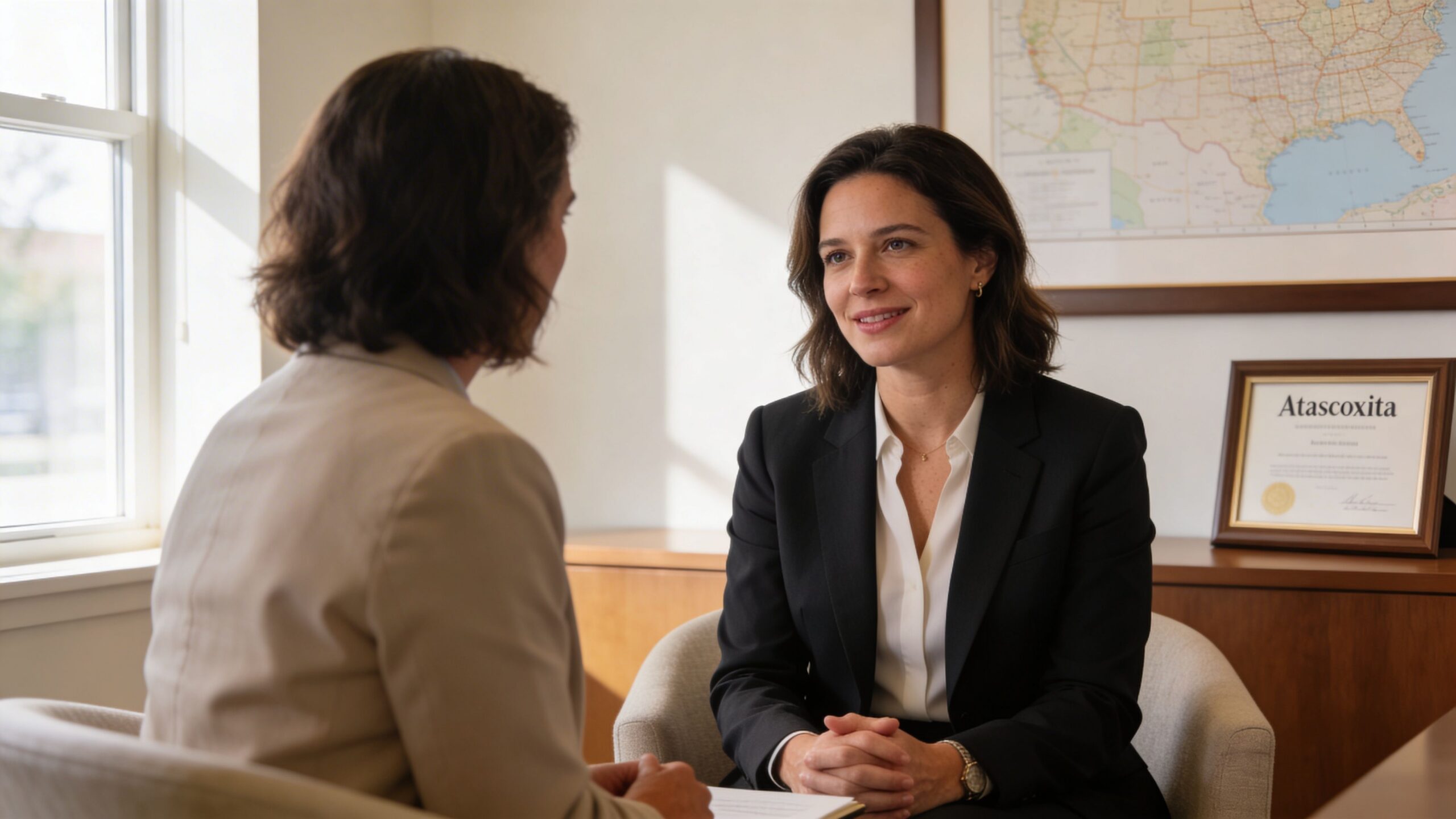 A professional female attorney consults with a client in a modern office with an Atascocita Texas certificate.