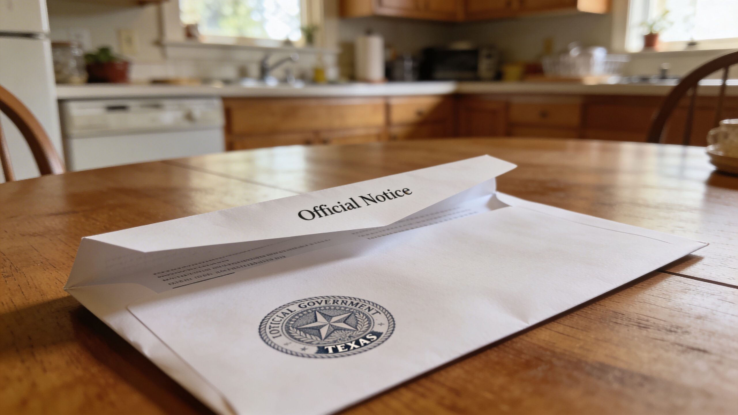 An official government of Texas notice envelope sitting on a wooden kitchen table.