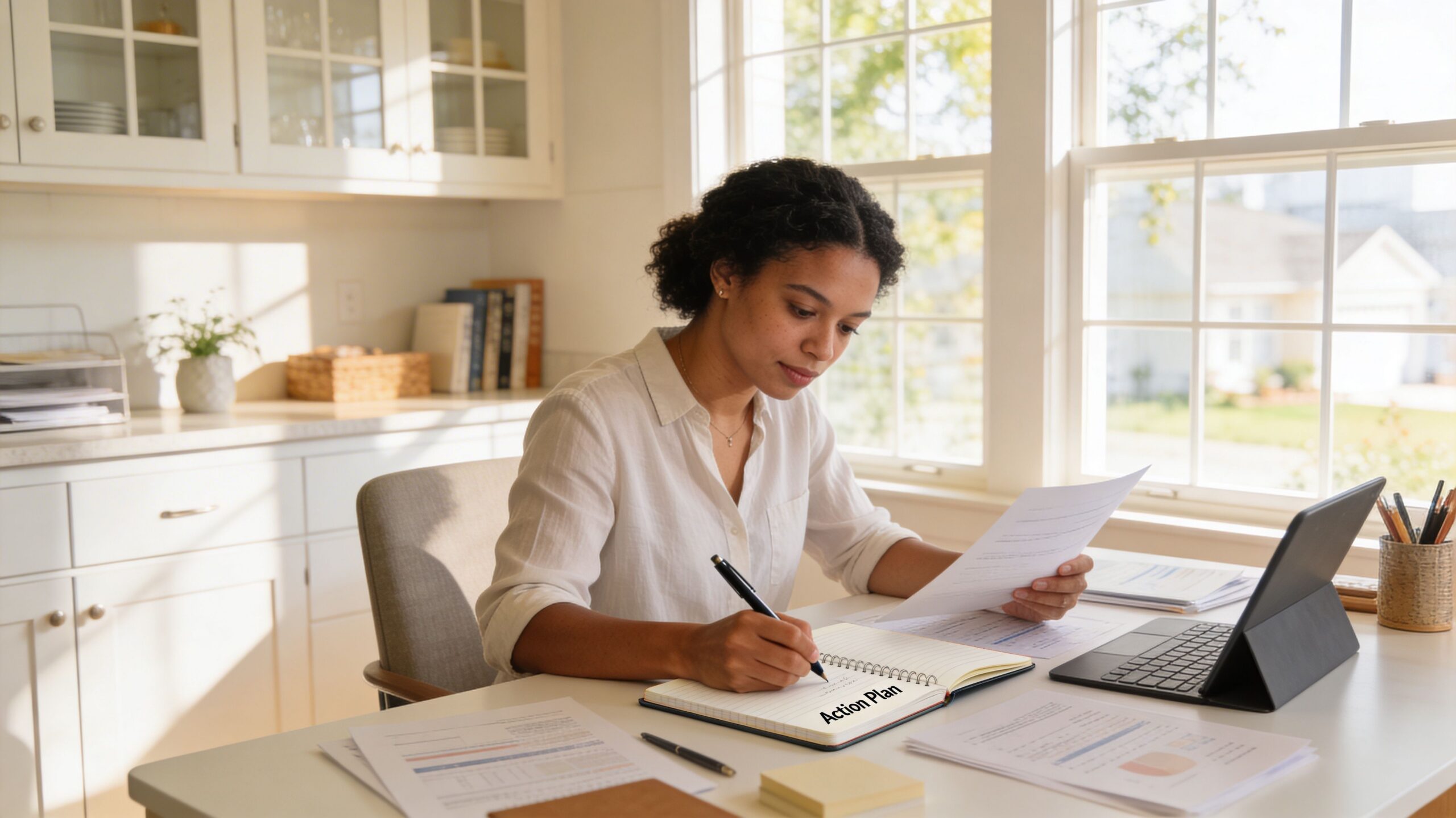 A professional woman writing in a notebook labeled Action Plan while working at a desk in home.