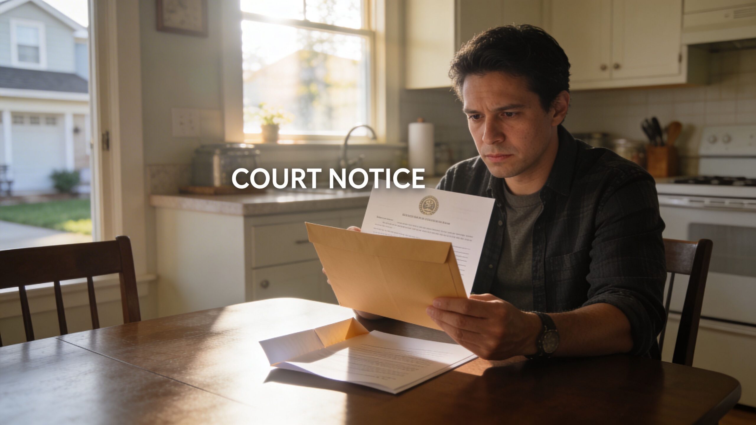 A man sits at a kitchen table looking concerned while holding a court notice document in an envelope.