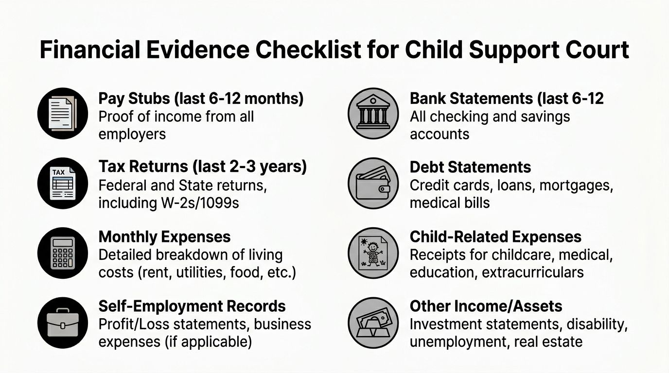 A checklist of essential financial documents required for child support court proceedings, including income and expense records.