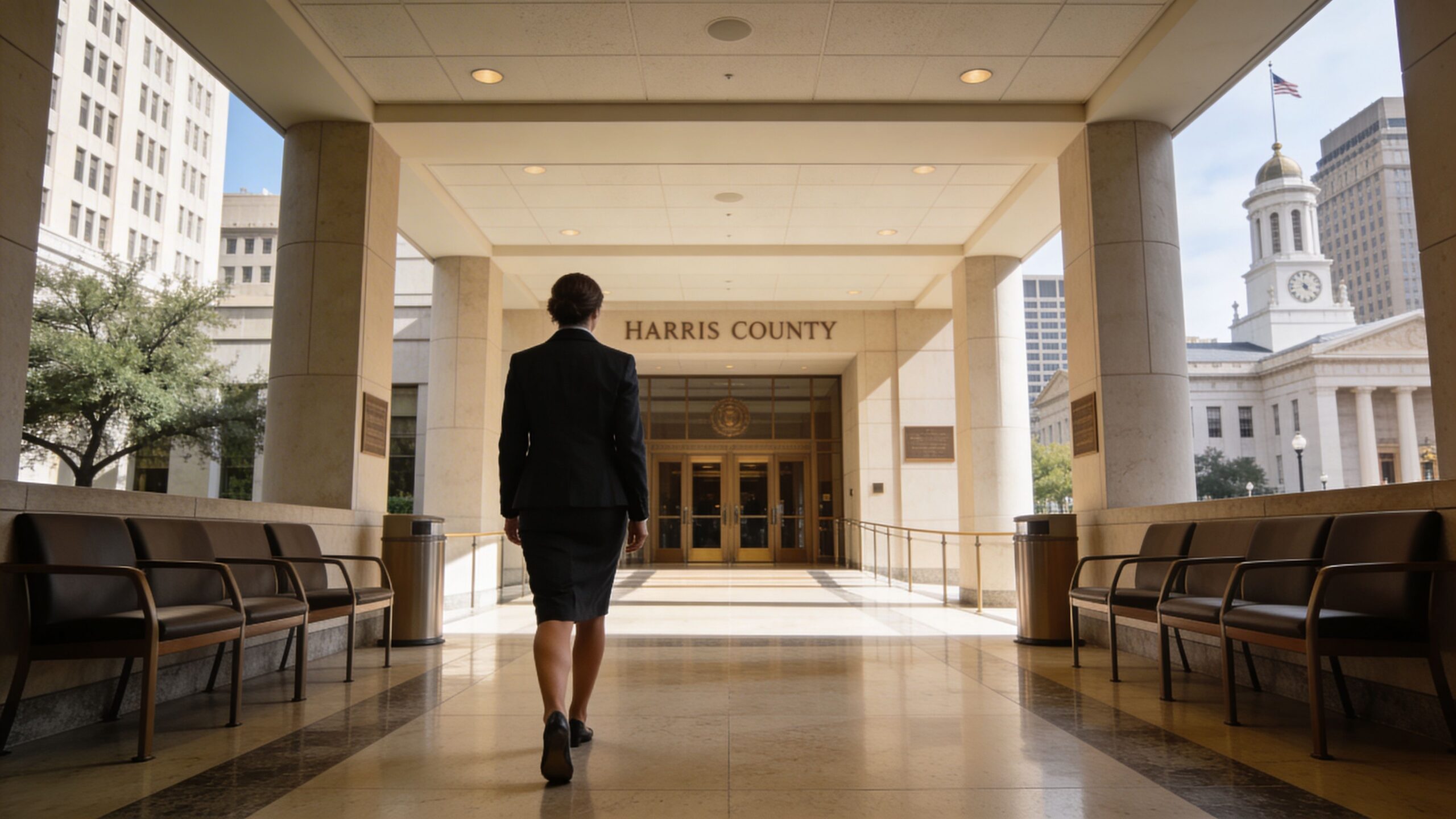 A professional woman walking into a Harris County government building for a court hearing.