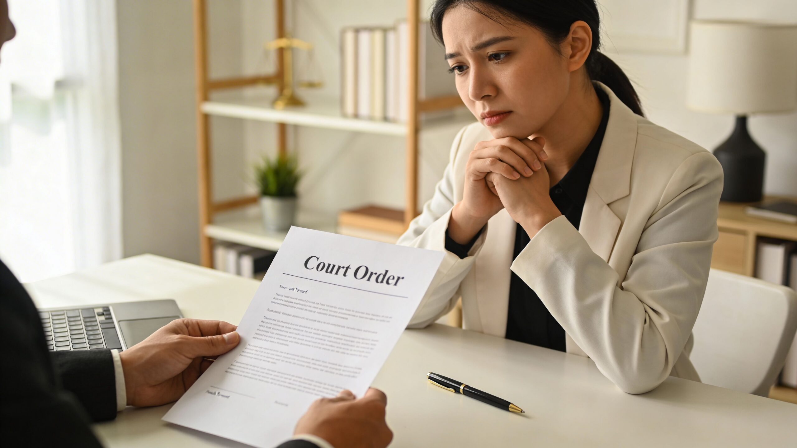 A concerned woman discusses a court order document with her lawyer during a legal consultation.