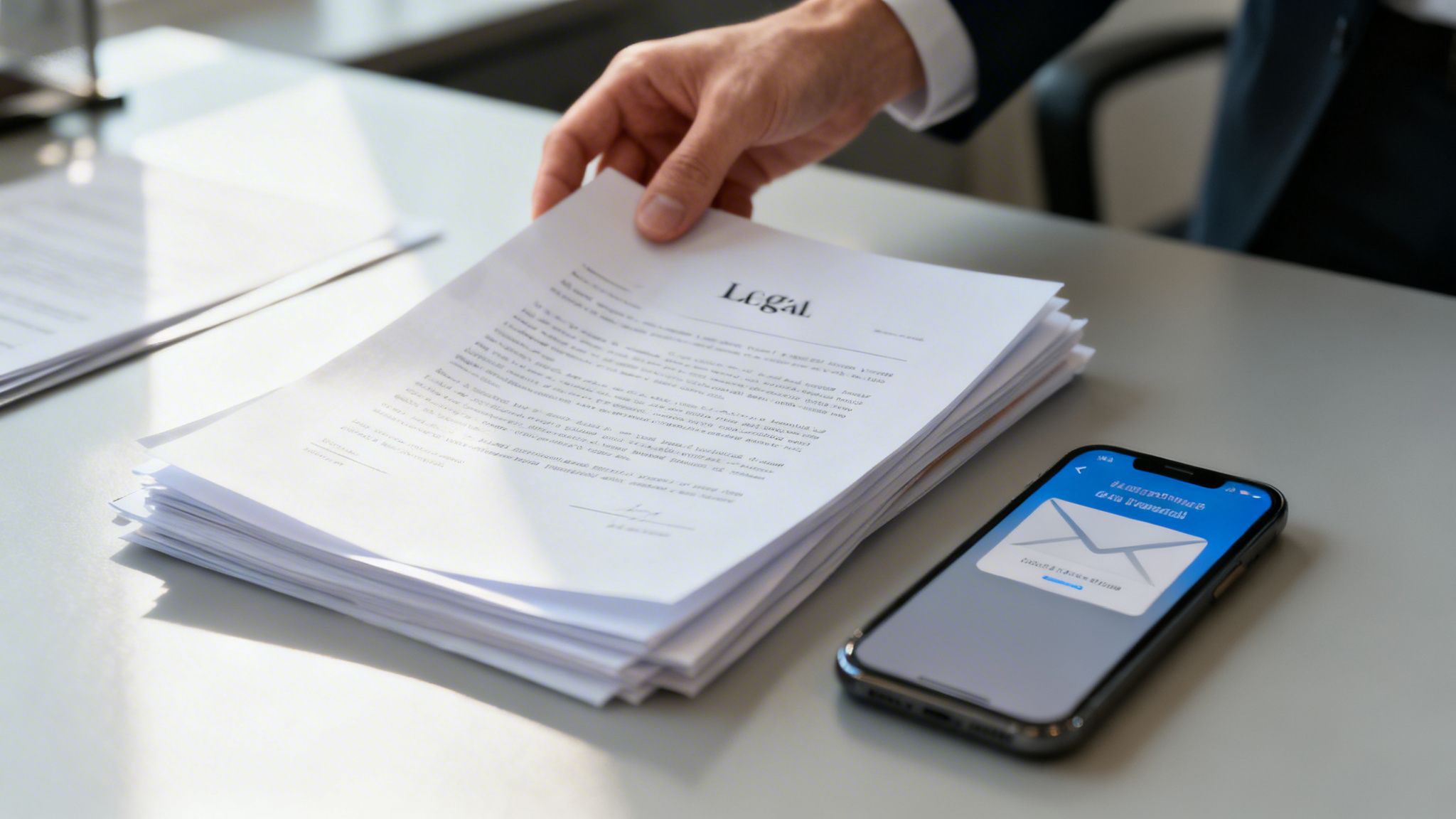 A professional lawyer placing legal documents on a desk next to a smartphone showing an email notification.
