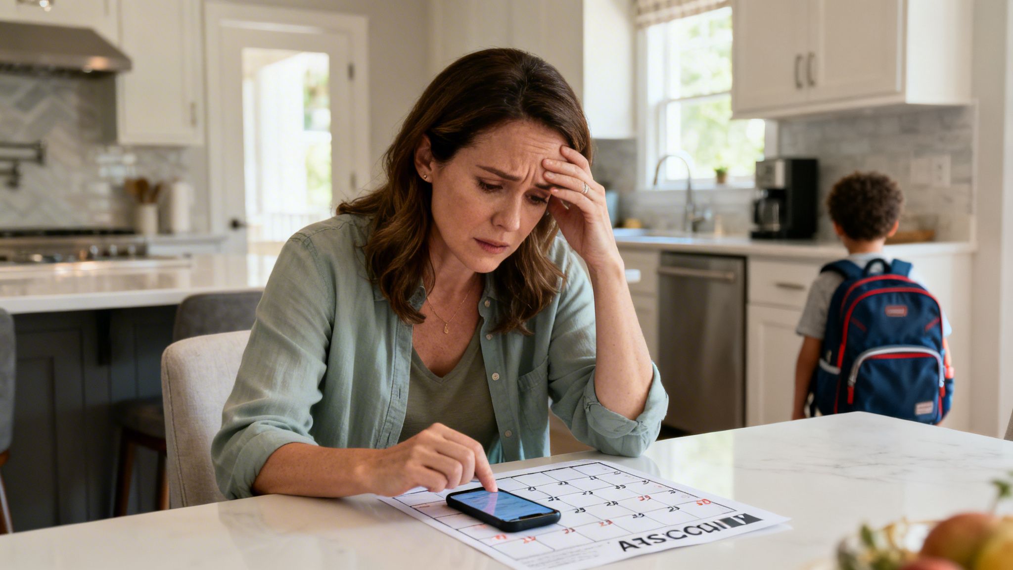 A stressed mother looking at a calendar and her smartphone in a kitchen while her child stands nearby.