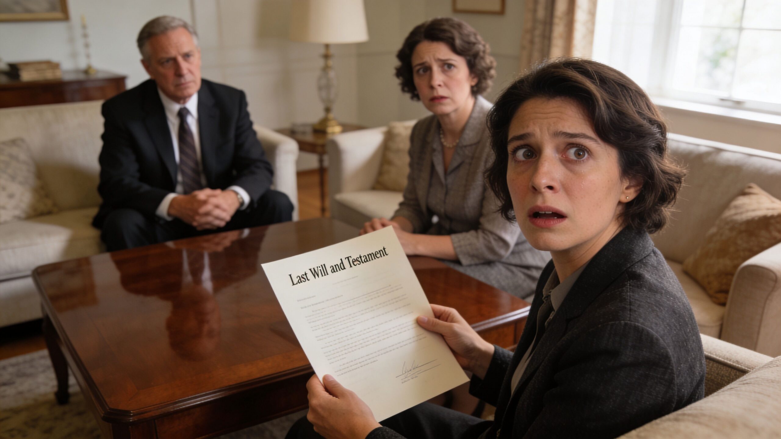 A woman looks shocked while holding a Last Will and Testament document in a formal room setting.