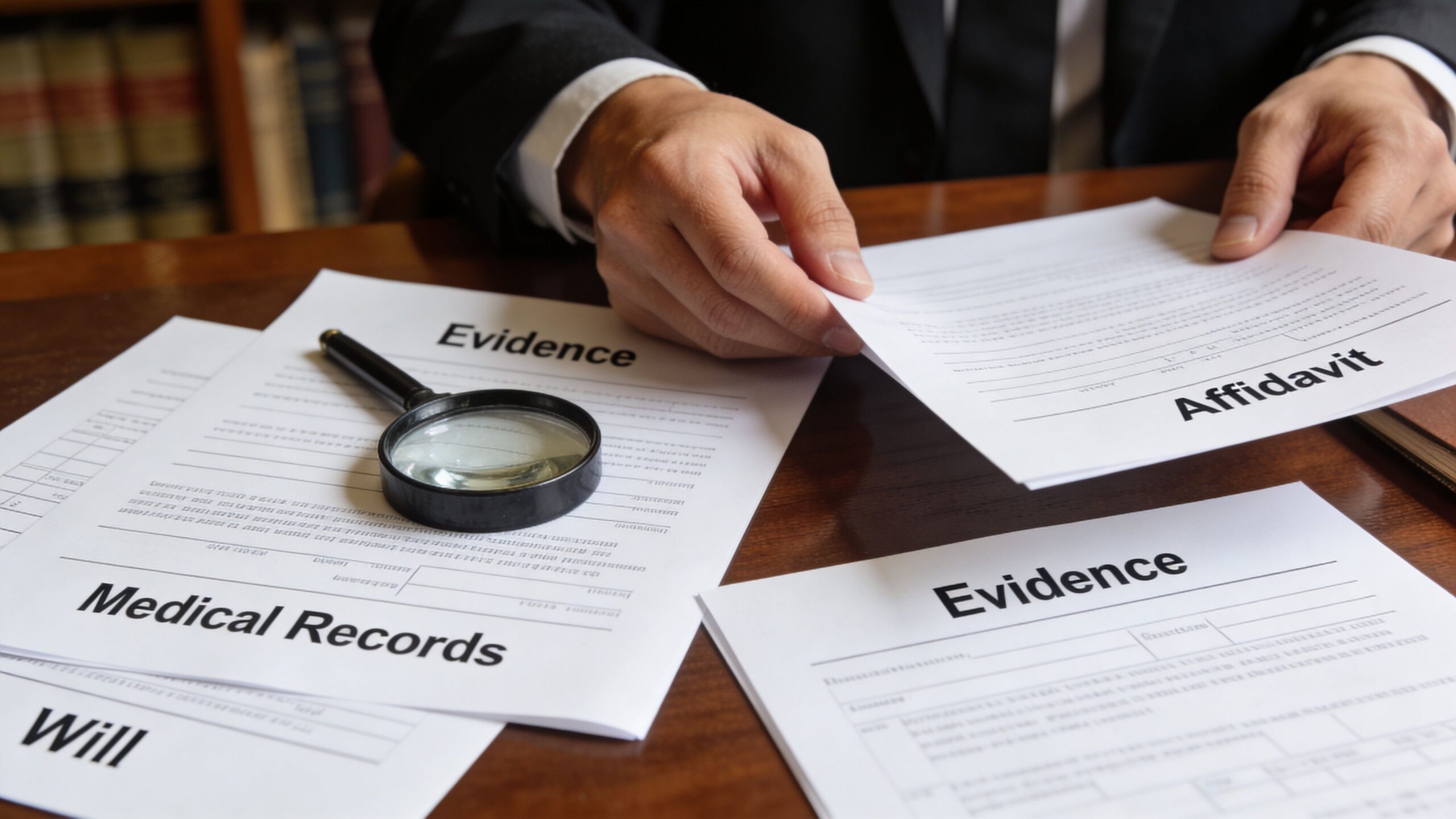 A legal professional reviews medical records and an affidavit in a courtroom setting during a will contest.