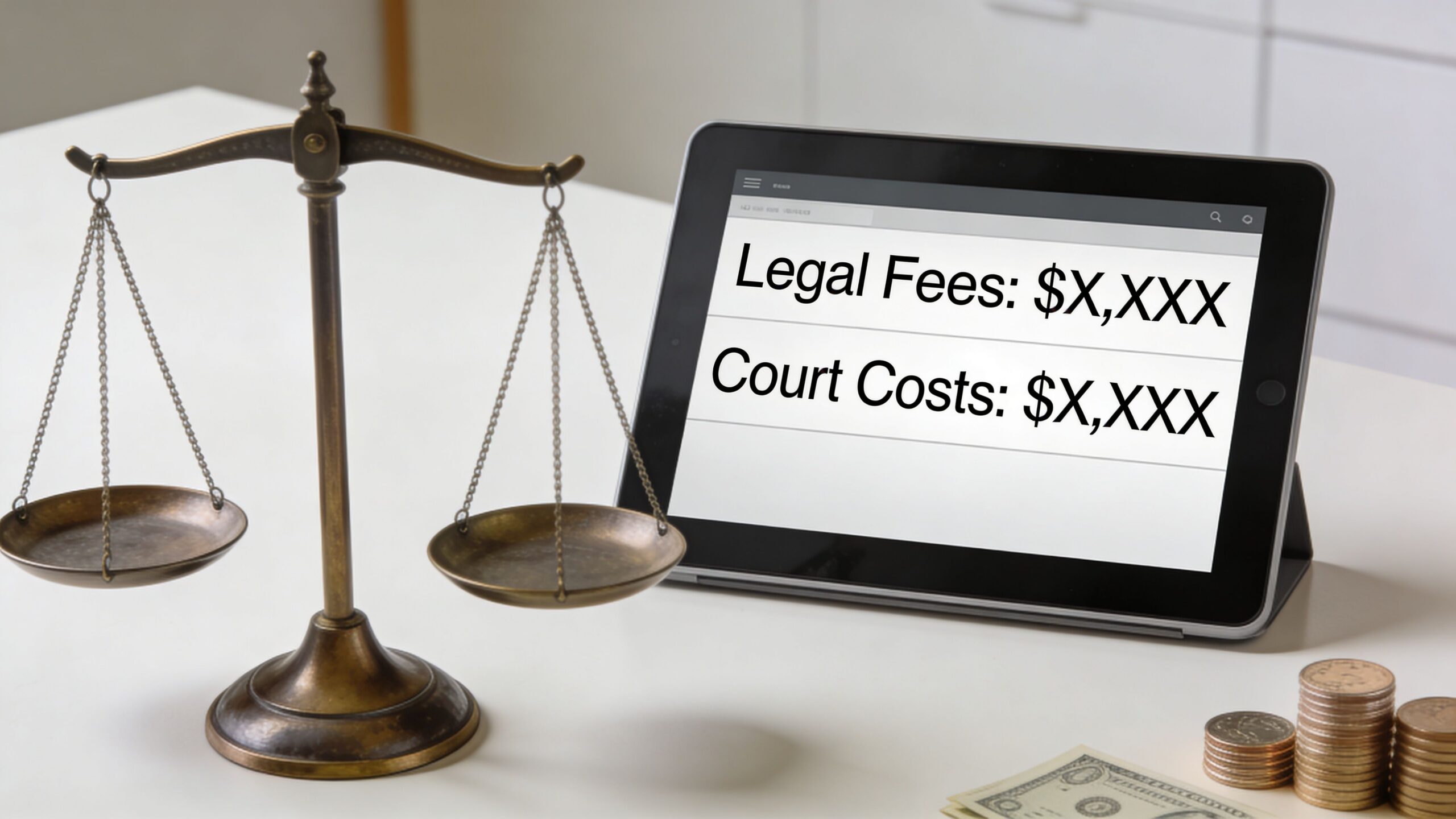 A tablet displaying legal fees and court costs next to a set of golden scales of justice.