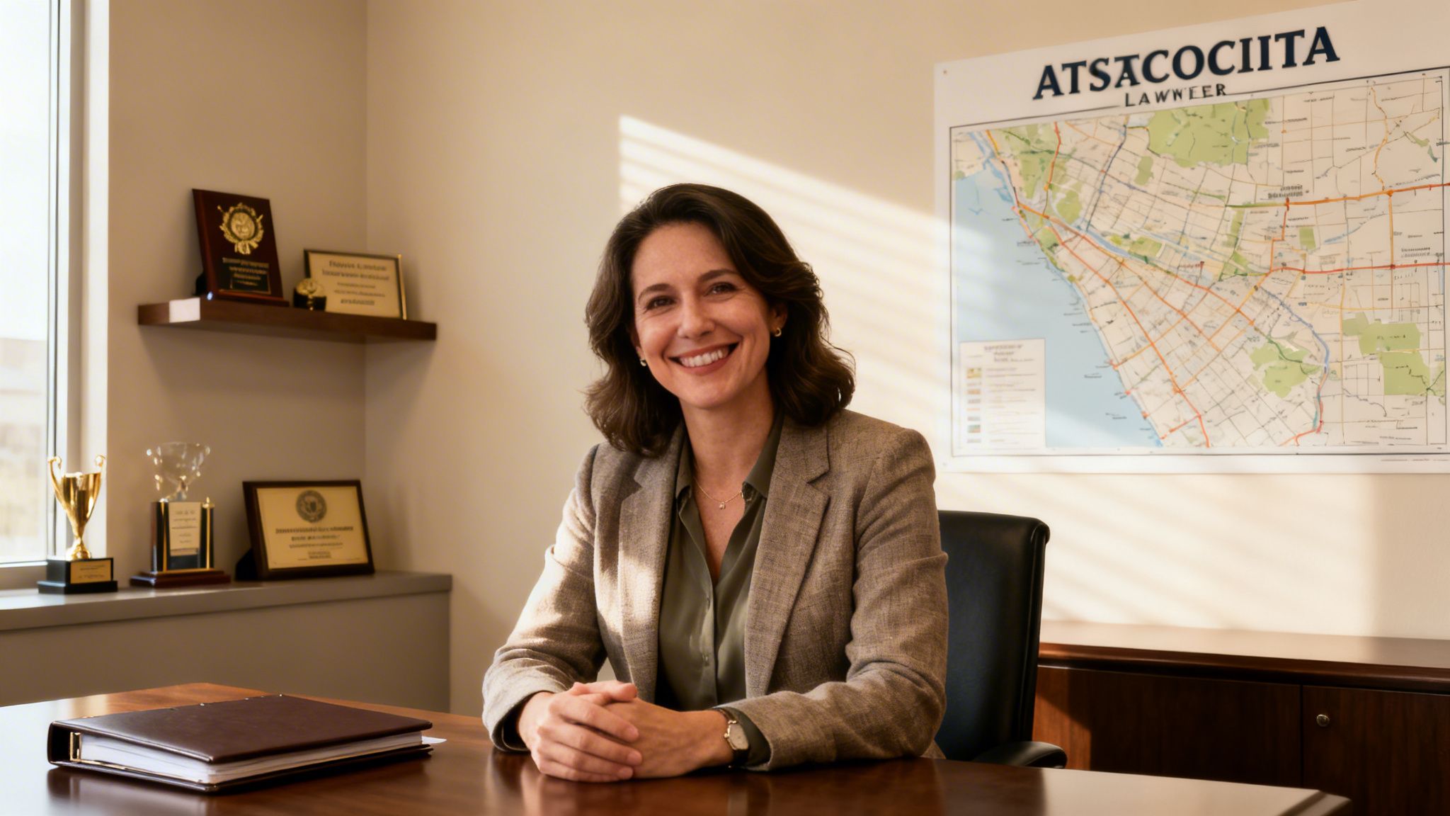 A friendly female lawyer smiles at her desk in a well-lit professional office.