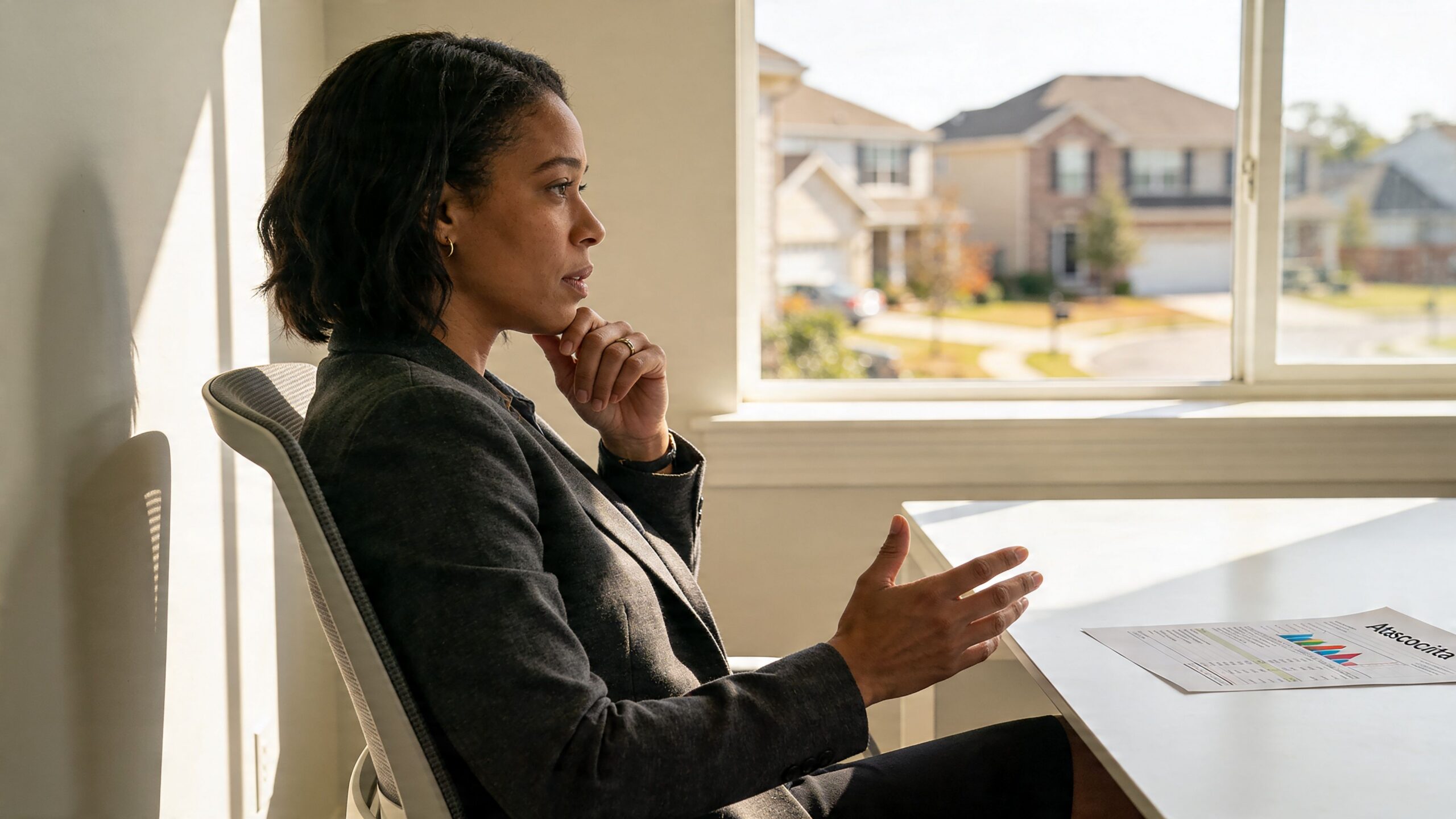 A professional woman in a suit sitting at a table having a discussion about financial documents.
