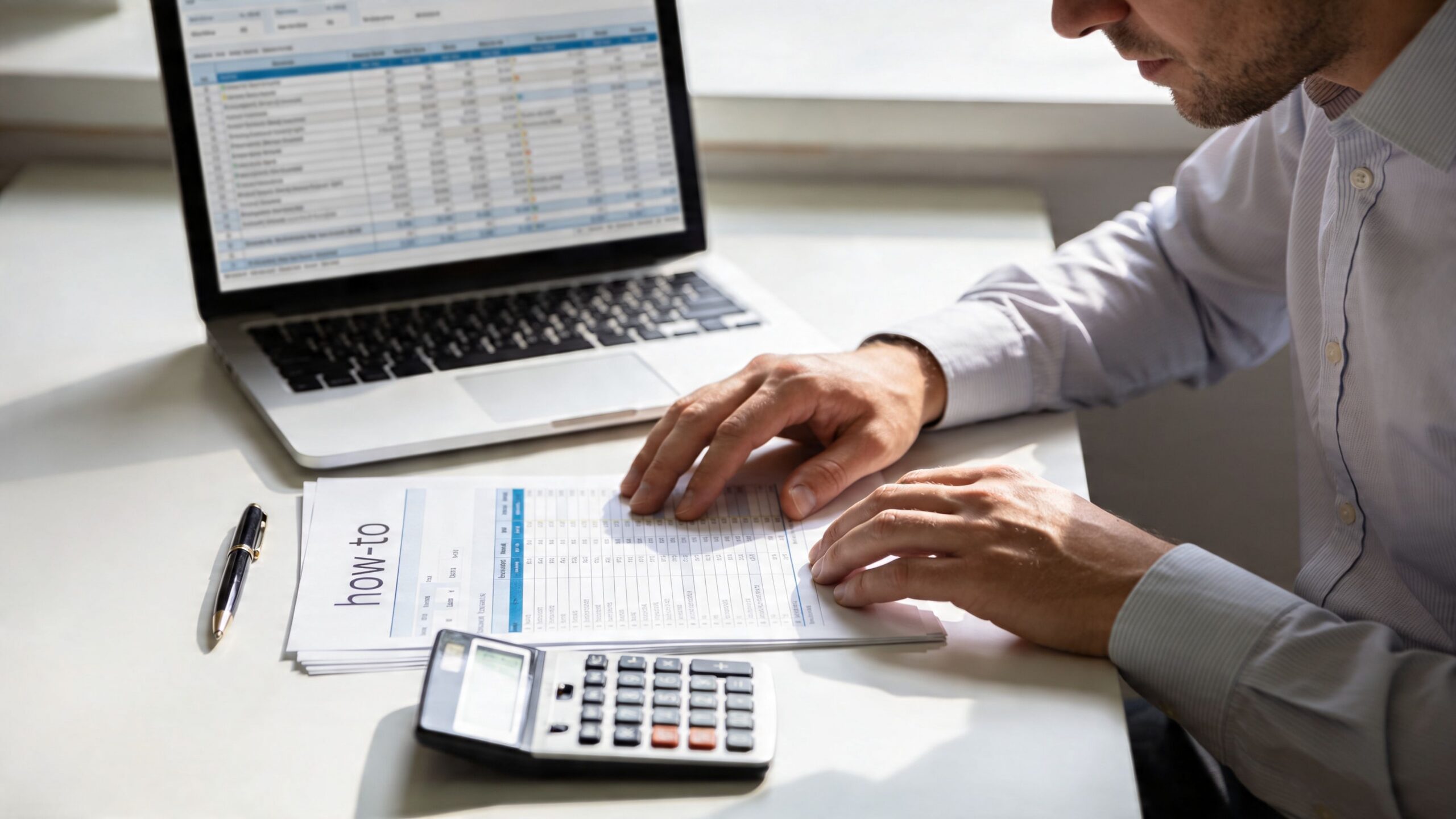A professional man reviewing financial documents and spreadsheet data to plan his finances during a divorce.