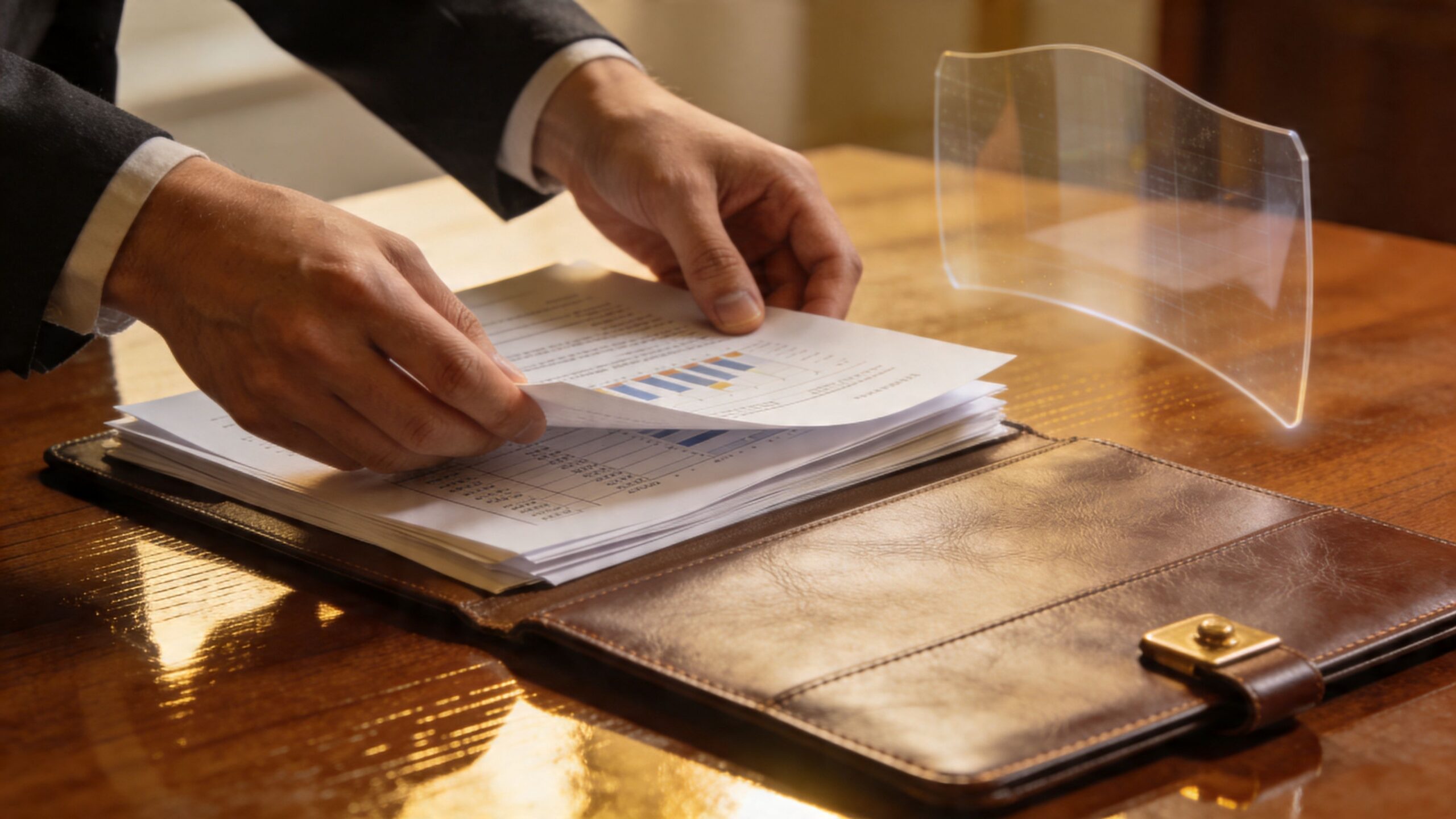 A professional in a business suit reviewing financial documents on a leather folder at a wooden desk.