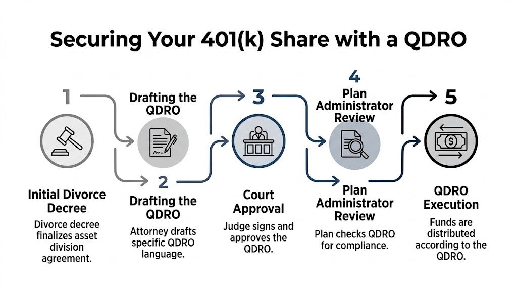 A five-step flowchart explaining the process of securing a 401(k) share using a Qualified Domestic Relations Order.