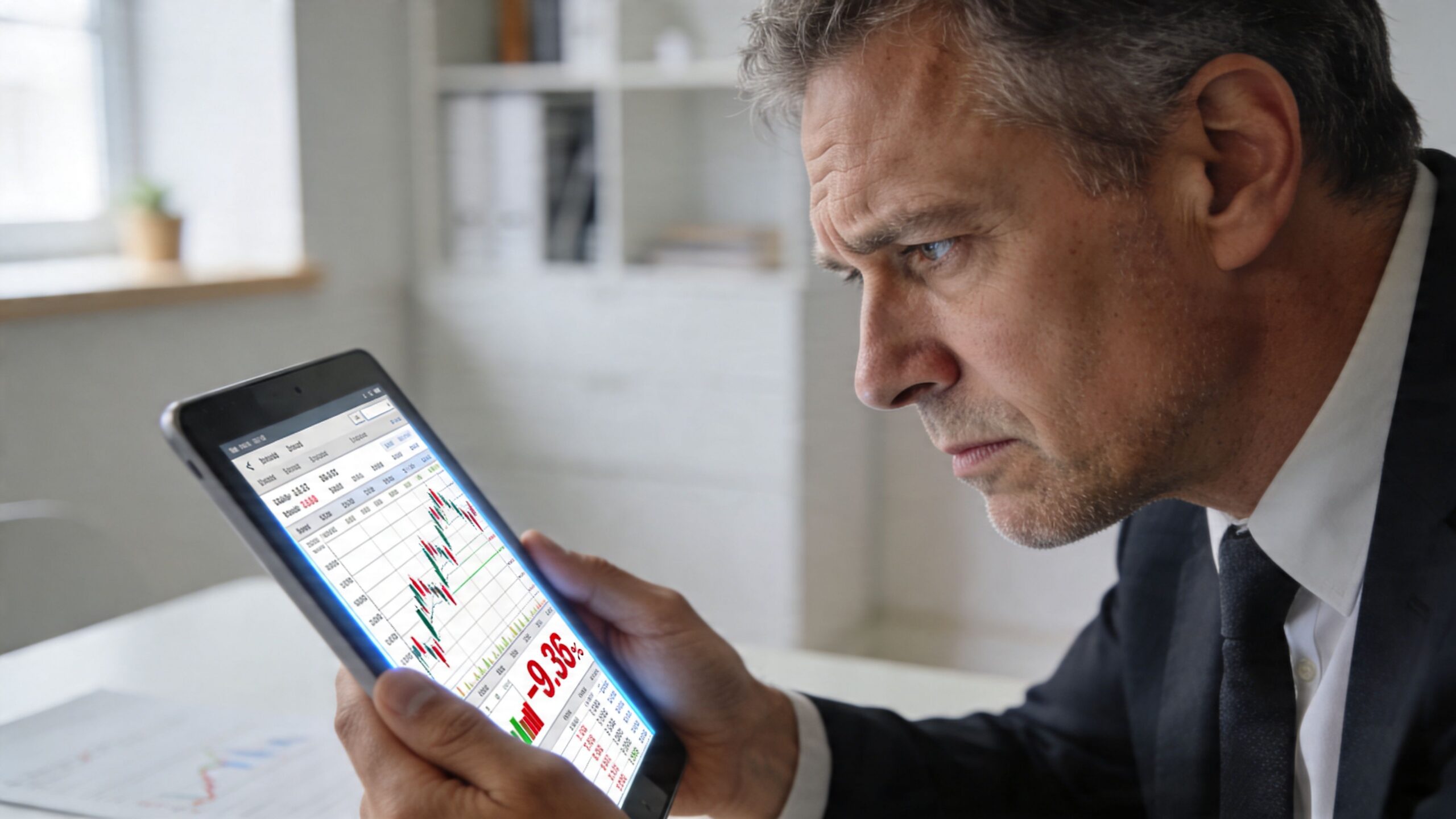 A concerned businessman looking at a tablet showing a sharp decline in financial stock market performance charts.