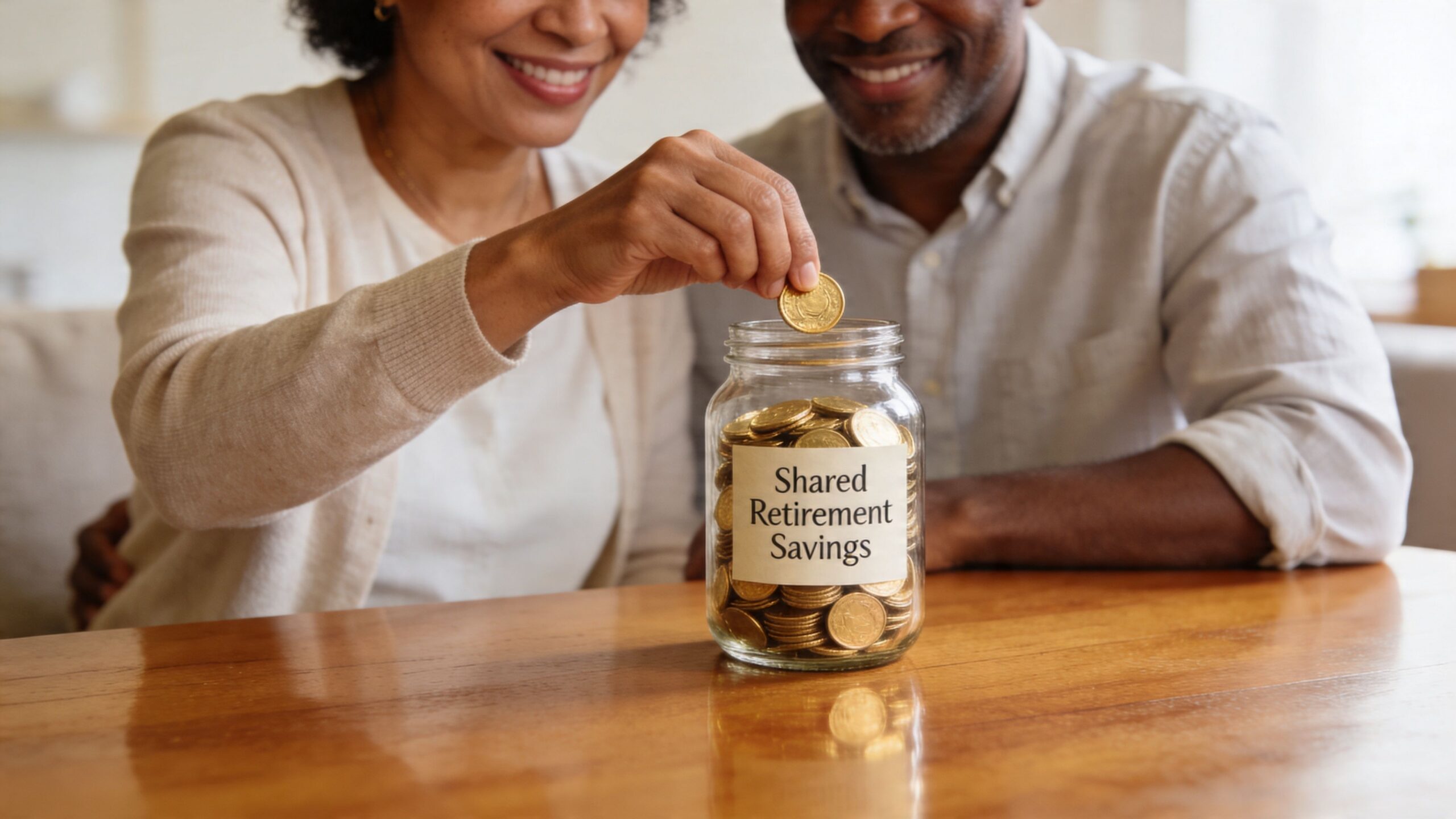 A happy middle-aged couple placing a gold coin into a glass jar labeled Shared Retirement Savings.