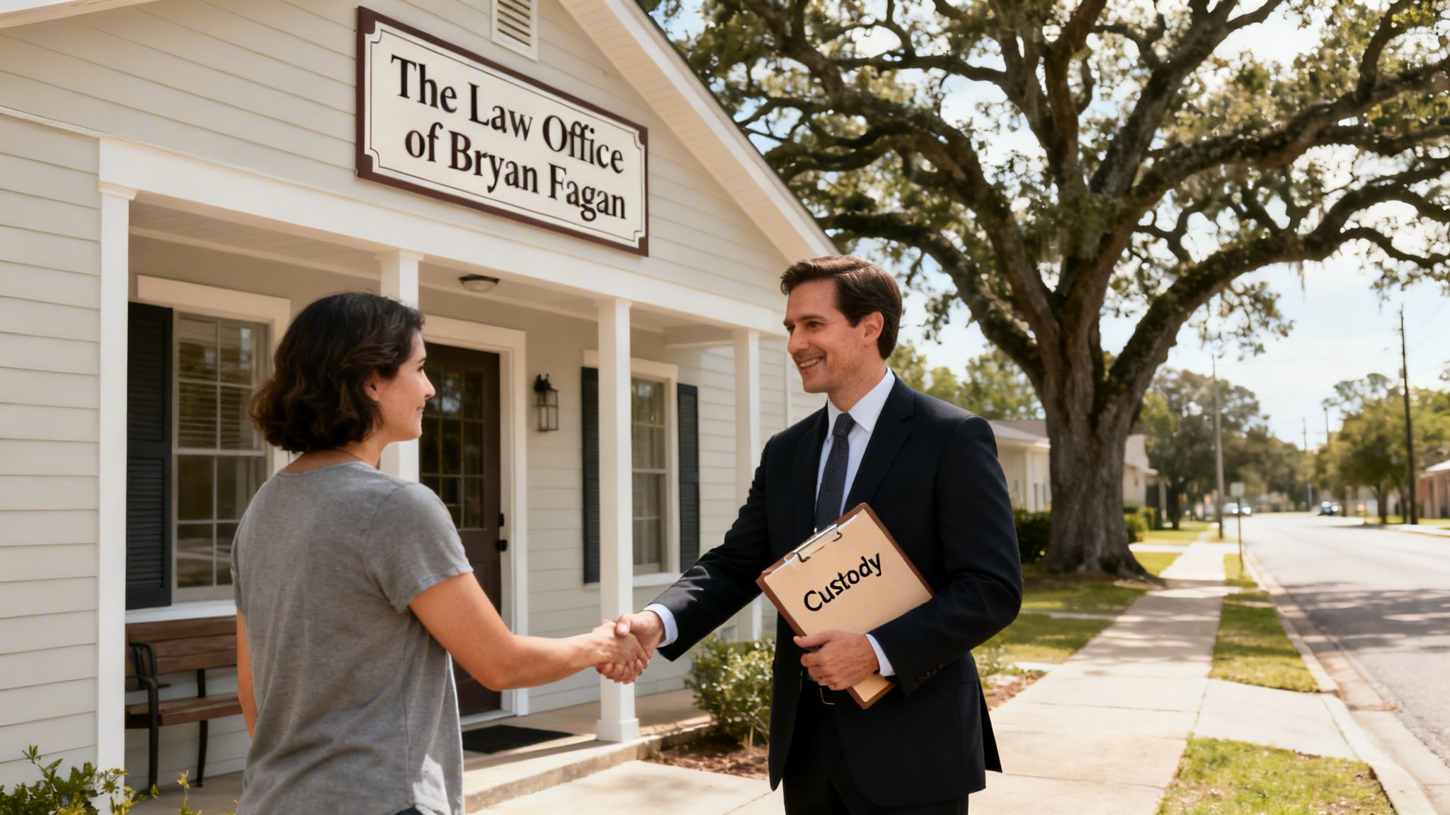A smiling lawyer shakes hands with a woman outside The Law Office of Bryan Fagan, holding a clipboard for "Custody."
