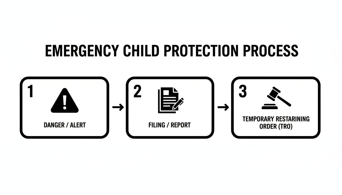 A three-step infographic outlining the emergency child protection process from alert to temporary restraining order.