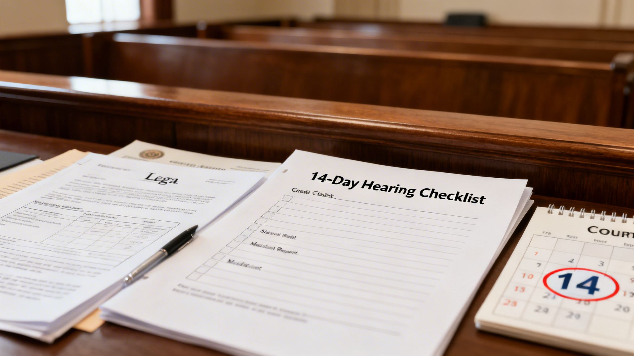 A 14-Day Hearing Checklist, legal documents, and a calendar with '14' circled on a courtroom desk.